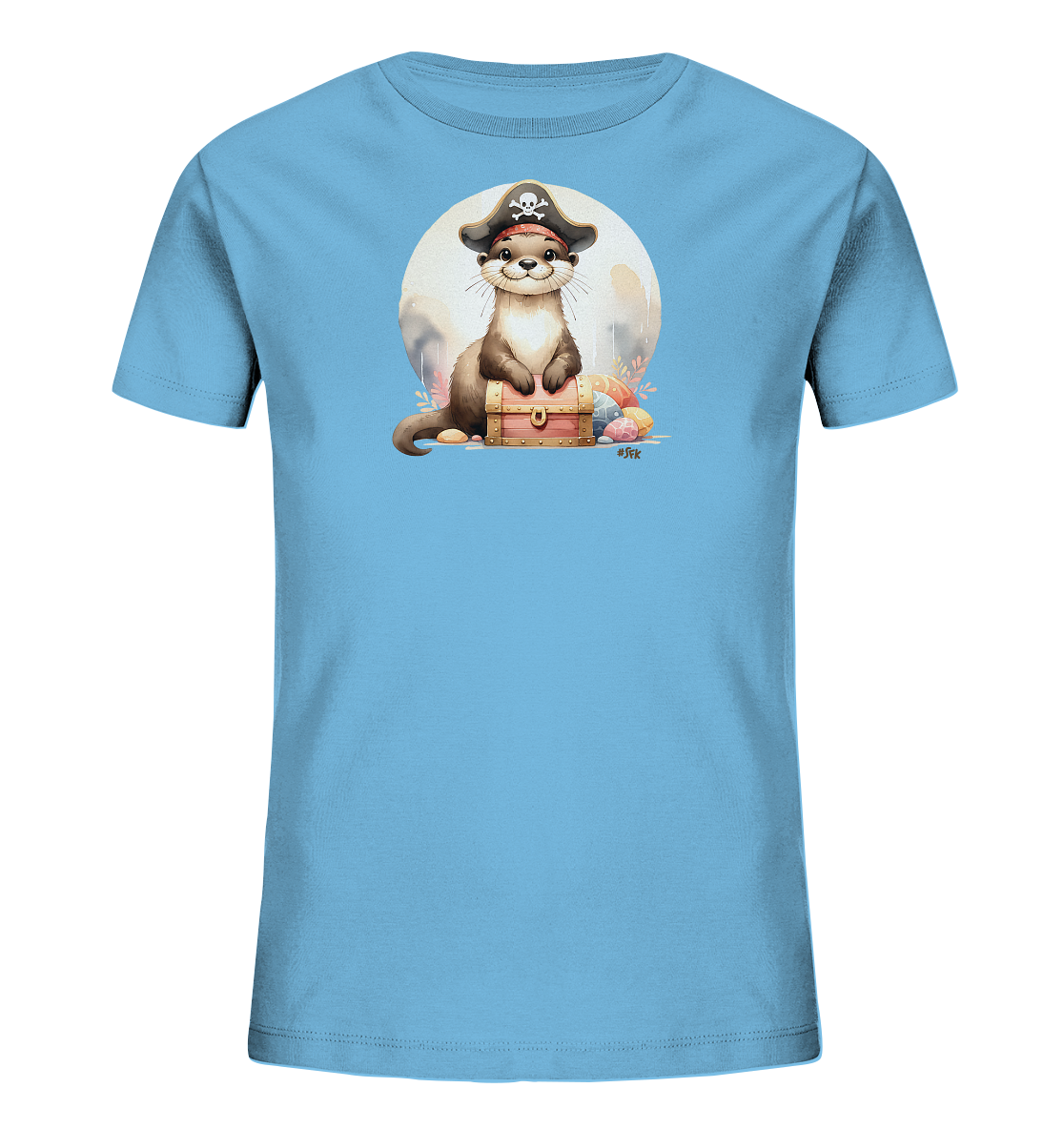 Onlineshop Shirts fuer Kinder - Das Bild zeigt ein hellblaues Kinder T-Shirt mit einem suessen Otter in einem Piratenhut. Der Otter sitzt auf einer Schatztruhe, umgeben von bunten Eiern. Ein heller Kreis bildet den Hintergrund fuer das Motiv. Das Design hat ein verspieltes Piraten-Thema.