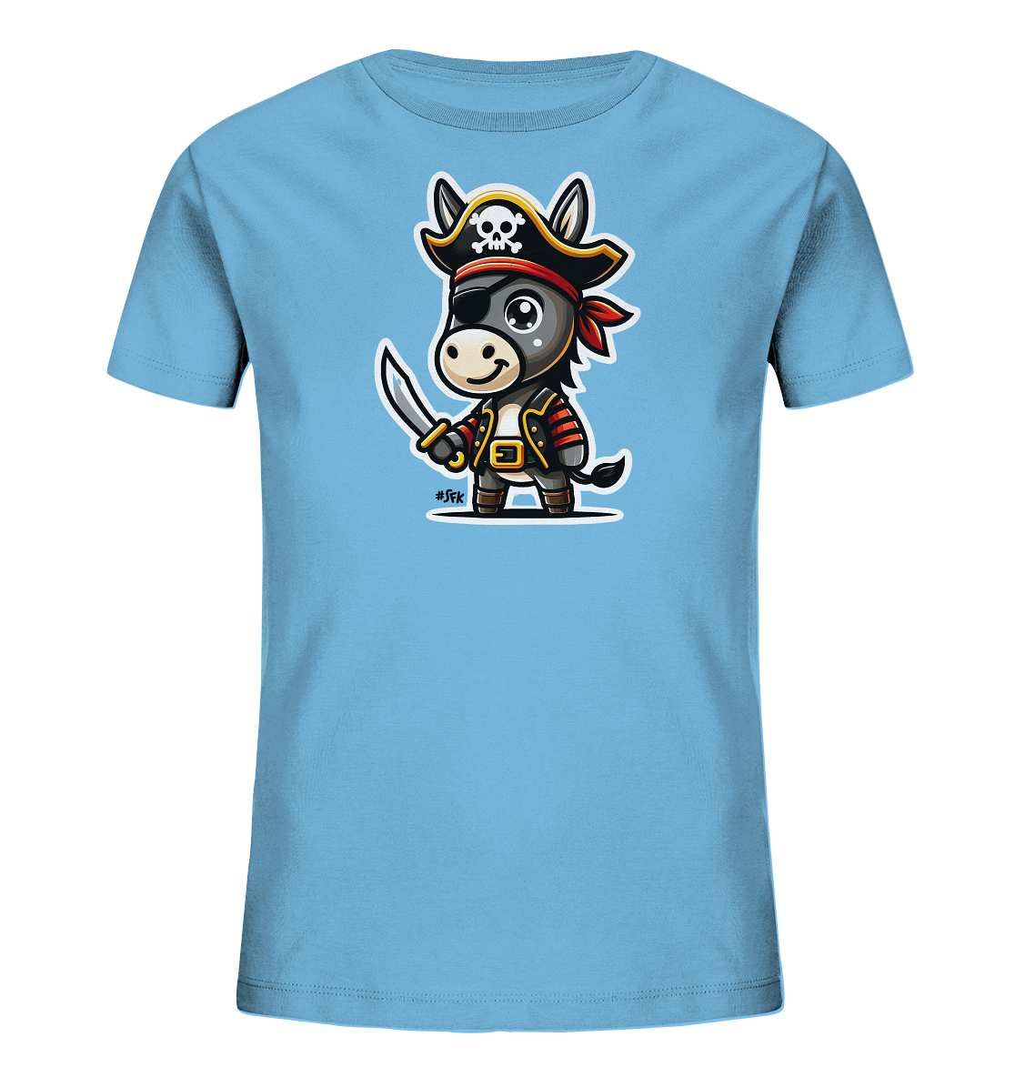 Onlineshop Shirts fuer Kinder - Das Bild zeigt ein hellblaues T-Shirt fuer Kinder mit einer farbenfrohen Illustration auf der Vorderseite. Abgebildet ist ein lustiger Cartoon-Esel, der als Pirat verkleidet ist. Der Esel traegt einen Piratenhut mit Totenkopf, eine Augenklappe, eine rote Bandana und haelt ein Schwert. Das Motiv verleiht dem Shirt einen abenteuerlichen und froehlichen Look, ideal fuer kleine Abenteurer.