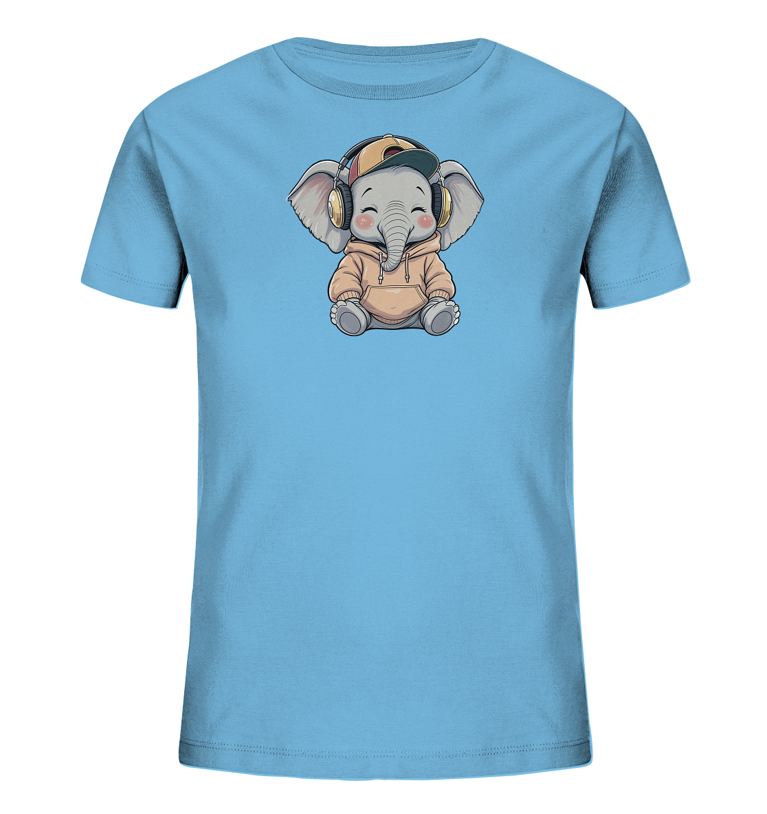 Onlineshop Shirts fuer Kinder - Das Bild zeigt ein hellblaues Kinder-T-Shirt mit einem niedlichen Cartoon-Elefantenmotiv. Der Elefant traegt einen hellbraunen Hoodie, Kopfhoerer und eine zweifarbige Baseballmuetze. Er sitzt mit geschlossenen Augen und einem zufriedenen Laecheln da, was dem Shirt einen froehlichen und coolen Charakter verleiht. Das Design ist verspielt und ansprechend fuer Kinder.