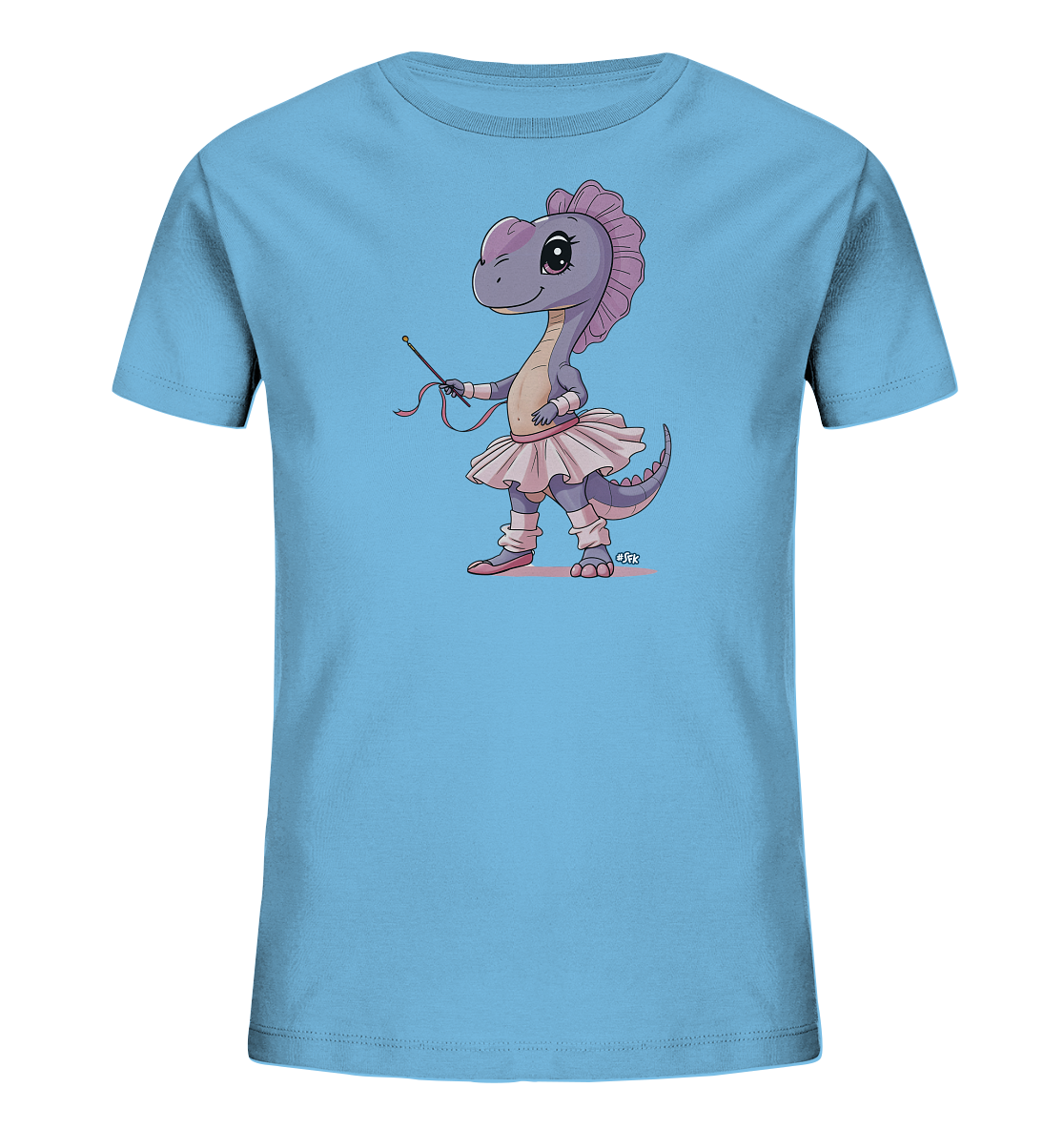 Onlineshop Shirts fuer Kinder - Das Bild zeigt ein hellblaues T-Shirt fuer Kinder mit einer Illustration eines lila Dinosauriers. Der Dinosaurier ist als Ballerina gekleidet, mit pinkem Tutu, Stulpen und Ballettschuhen. Er haelt einen Zauberstab mit flatternden Baendern in der Hand. Dieses verspielte Motiv thematisiert Ballett und Fantasie.