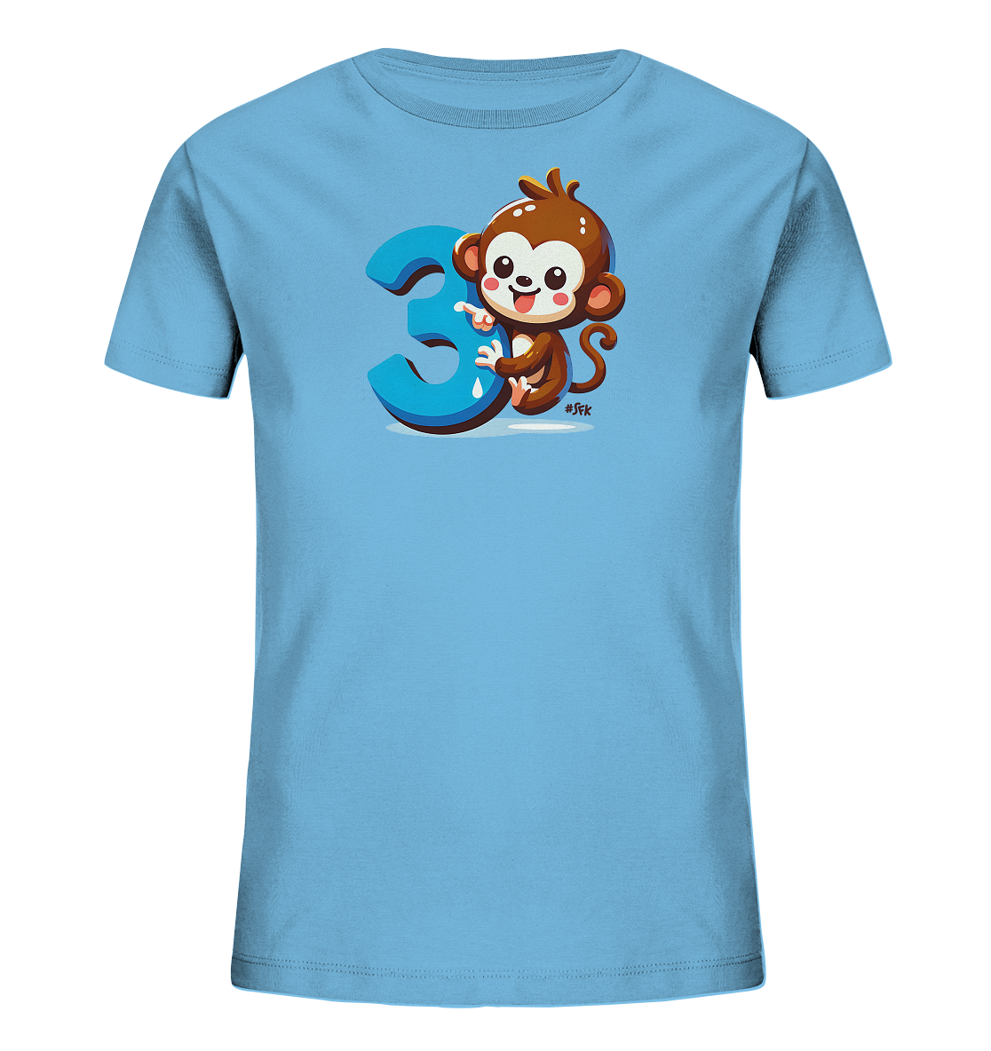 Onlineshop Shirts fuer Kinder - Das Bild zeigt ein hellblaues T-Shirt mit einer niedlichen, cartoonhaften Darstellung eines Affen. Der Affe sitzt neben einer grossen, blauen Zahl '3' und hat ein freundliches Gesicht. Dieses verspielte Motiv ist ansprechend fuer Kinder und verleiht dem Shirt einen froehlichen Look.
