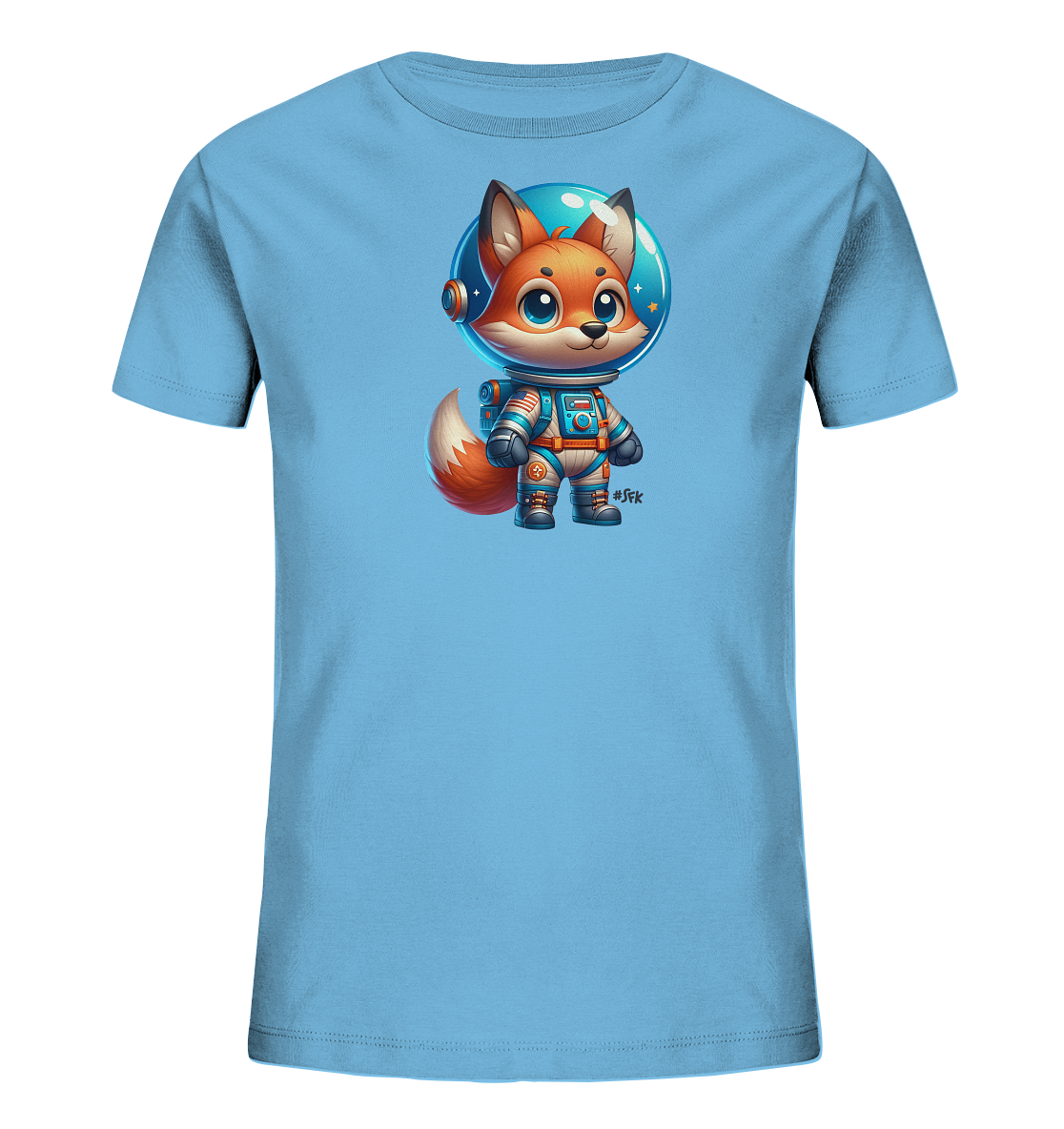 Onlineshop Shirts fuer Kinder - Das Bild zeigt ein hellblaues T-Shirt mit einem niedlichen Aufdruck. Ein kleiner, cartoonhafter Fuchs traegt einen Astronautenanzug mit Helm und steht aufrecht. Das Motiv ist farbenfroh gestaltet und zeigt Sterne im Hintergrund des Helms. Dieses Design verleiht dem Shirt einen verspielten und abenteuerlichen Look.