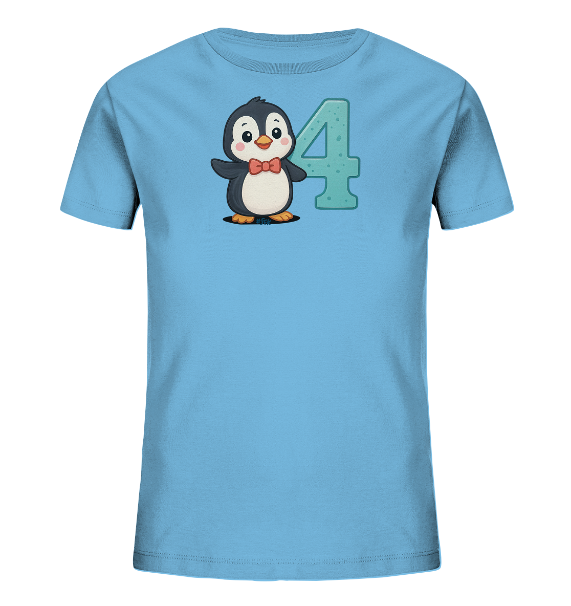 Onlineshop Shirts fuer Kinder - Das Bild zeigt ein hellblaues Kinder-T-Shirt. Darauf ist ein niedlicher Cartoon-Pinguin mit roter Fliege abgebildet. Neben dem Pinguin steht die grosse Zahl '4' in einem strukturierten, hellgruen-blauen Farbton. Das Design wirkt verspielt und kindgerecht.