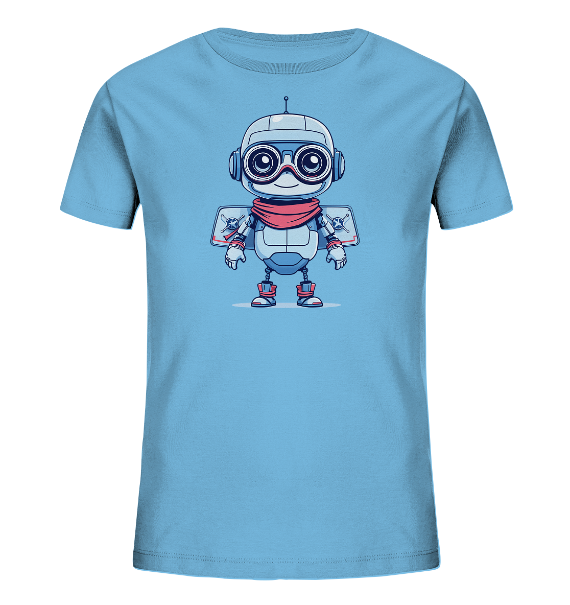 Onlineshop Shirts für Kinder - Das Bild zeigt ein hellblaues T-Shirt für Kinder. Auf der Vorderseite ist eine farbige Illustration eines freundlichen Roboters im Cartoon-Stil zu sehen. Der Roboter trägt eine rote Schal, eine Schutzbrille und verfügt über flügelähnliche Vorrichtungen am Rücken, die kleine Kompass-Symbole mit Totenkopf-Details zeigen. Dieses Motiv verleiht dem Shirt ein verspieltes und abenteuerliches Design, ideal für kleine Entdecker und Weltraumfans.