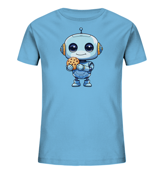 Onlineshop Shirts für Kinder - Das Bild zeigt ein hellblaues T-Shirt für Kinder mit einem ansprechenden Motiv auf der Vorderseite. Die Illustration stellt einen freundlichen, cartoonartigen Roboter dar, der einen großen Schokoladenkeks in seinen Händen hält. Der Roboter hat große, runde Augen, ein Lächeln und ist in Blautönen mit orangefarbenen Akzenten gestaltet. Dieses verspielte Design auf dem weichen Stoff des Shirts wirkt ansprechend und kindgerecht.