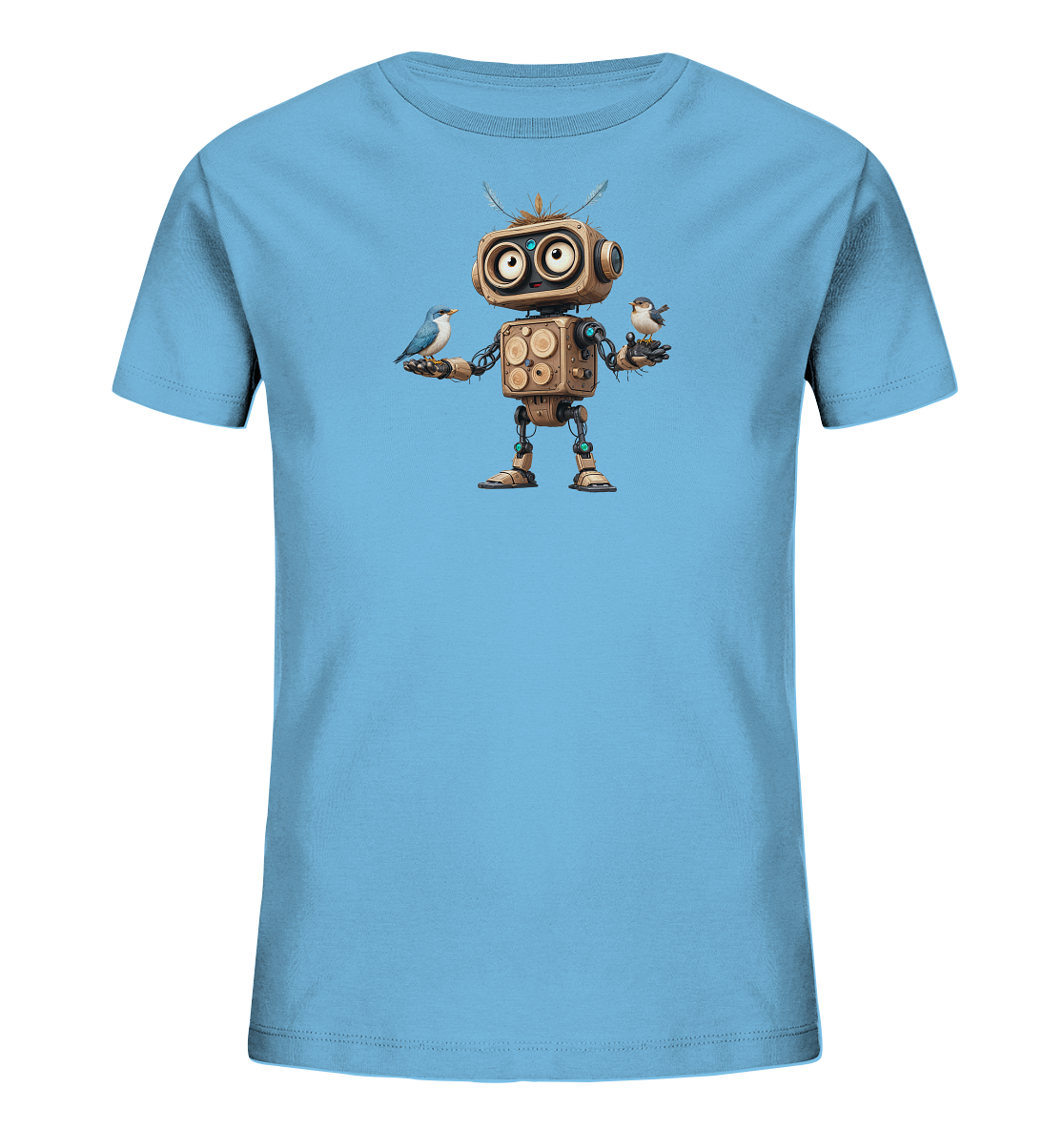 Onlineshop Shirts für Kinder - Das Bild zeigt ein hellblaues Kinder-T-Shirt mit einer einzigartigen Grafik auf der Vorderseite. Die Illustration stellt einen freundlich aussehenden Roboter dar, der scheinbar aus Holz und Metallteilen gefertigt ist und zwei kleine Vögel auf seinen erhobenen Händen hält. Die Vögel haben unterschiedliche Gefiederfarben, einer ist bläulich und der andere eher bräunlich. Das Design wirkt verspielt und fantasievoll, ideal für Kinderkleidung.