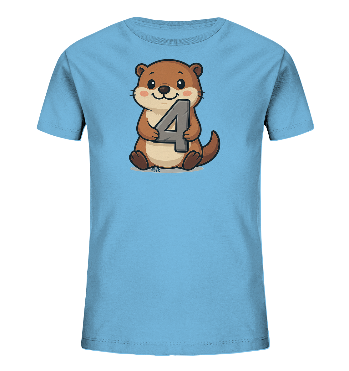 Onlineshop Shirts fuer Kinder - Das Bild zeigt ein hellblaues Kinder-T-Shirt mit einer niedlichen Illustration eines Otters auf der Vorderseite. Der Otter sitzt freundlich laechelnd und haelt die Zahl '4' in seinen Pfoten. Die Zahl ist in einem grauen, steinaehnlichen Stil gestaltet. Dieses verspielte Motiv ist ansprechend fuer Kinder.