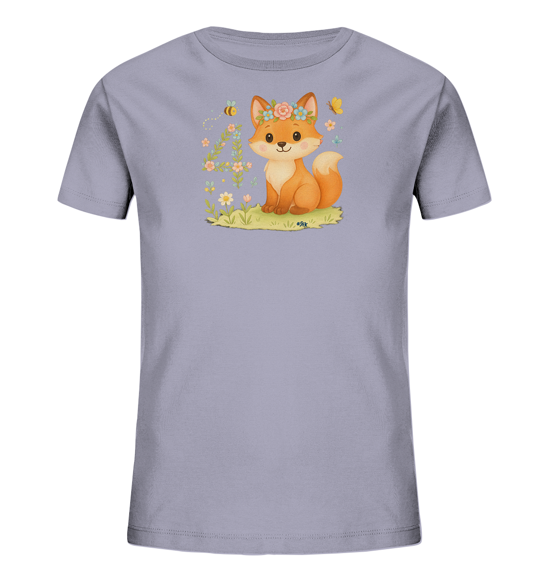 Onlineshop Shirts fuer Kinder - Das Bild zeigt ein hellgraues T-Shirt fuer Kinder mit einer Illustration eines niedlichen Fuchses. Der Fuchs traegt einen Blumenkranz und sitzt auf Gras, umgeben von Blumen, einer Biene und einem Schmetterling. Ranken und Blumen bilden die Zahl 4 neben dem Fuchs. Dieses Design ist freundlich und detailliert gestaltet.