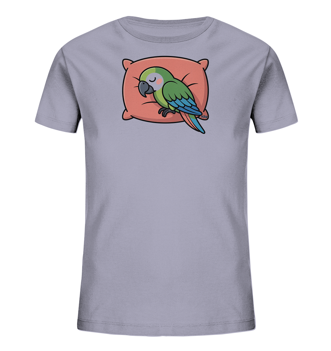 Onlineshop Shirts fuer Kinder - Das Bild zeigt ein hellgraues Kinder-T-Shirt mit einem ruhigen Motiv auf der Vorderseite. Darauf ist ein schlafender Papagei mit gruenen und blauen Federn zu sehen, der friedlich auf einem orangefarbenen Kissen liegt. Die Augen des Papageis sind geschlossen, was eine entspannte Atmosphaere vermittelt.