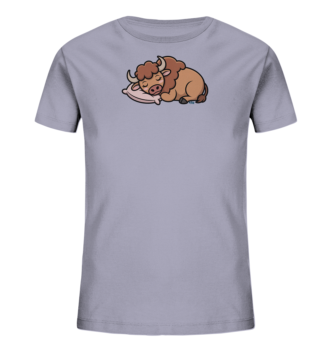 Onlineshop Shirts fuer Kinder - Das Bild zeigt ein hellgraues Kinder-T-Shirt. Auf der Vorderseite befindet sich eine Illustration eines schlafenden Bisonkalbes, das auf einem rosa Kissen ruht. Das Motiv ist in warmen Brauntoenen gehalten und zeichnet sich durch seinen sanften, cartoonhaften Stil aus. Dieses Design verleiht dem Shirt eine ruhige und niedliche Ausstrahlung.