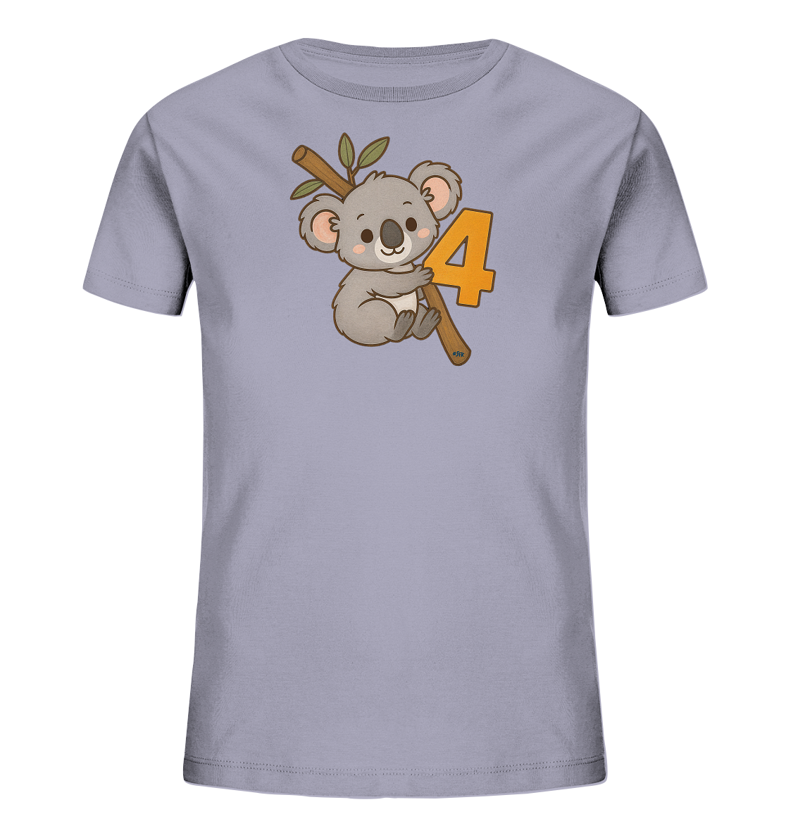 Onlineshop Shirts fuer Kinder - Das Bild zeigt ein T-Shirt fuer Kinder in einem hellgrauen bis fliederfarbenen Ton. Auf der Vorderseite ist eine niedliche Illustration eines Koalas abgebildet, der an einem Ast sitzt. Neben dem Koala ist die grosse Zahl '4' in Orange platziert. Das gesamte Motiv ist freundlich und kindgerecht gestaltet.