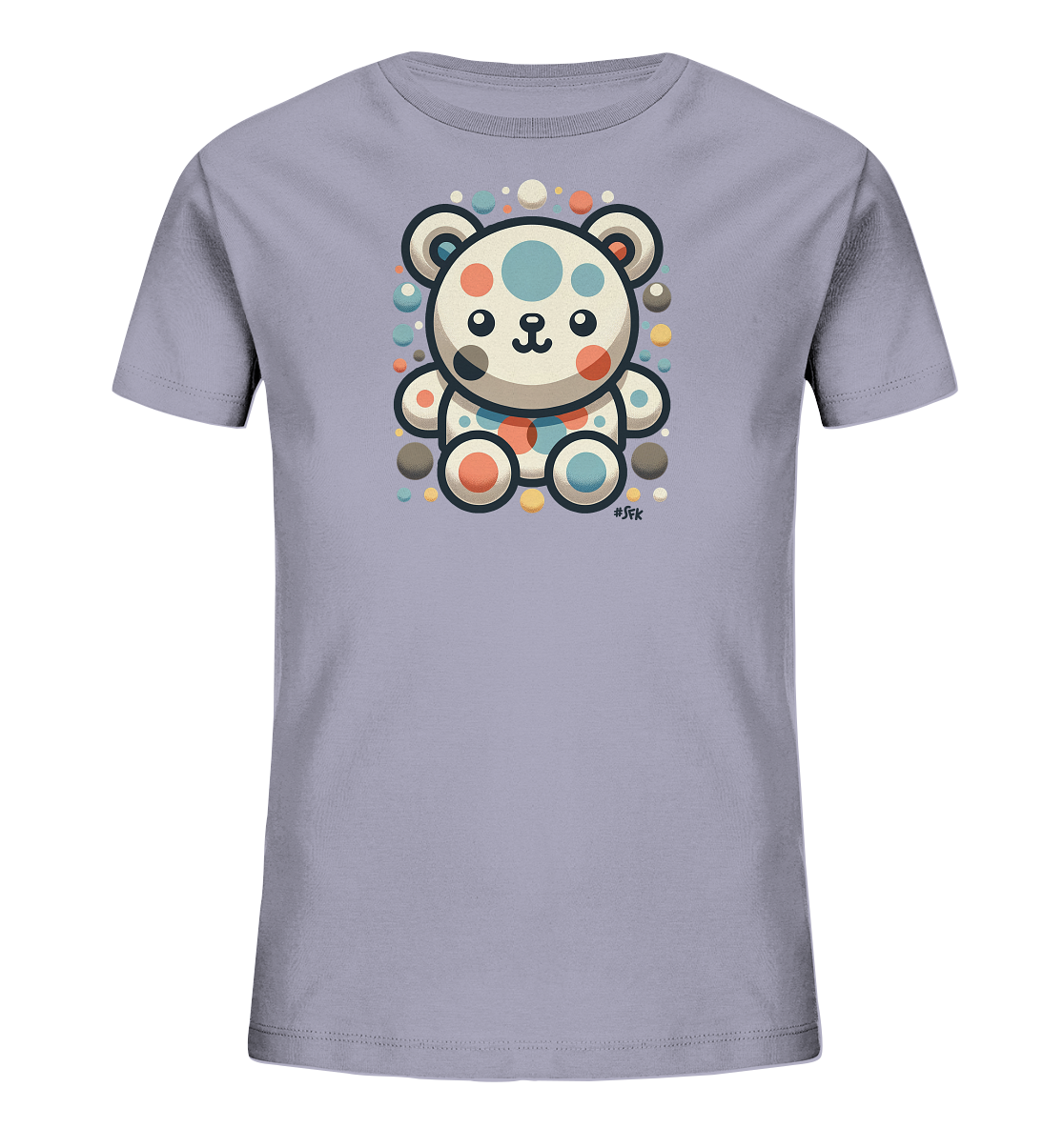 Onlineshop Shirts fuer Kinder - Das Bild zeigt ein hellviolettes Kinder-T-Shirt. Die Vorderseite ist mit einer niedlichen Grafik eines Cartoon-Baeren verziert. Der Baer setzt sich aus bunten Punkten in Blau, Orange, Grau und Weiss zusammen. Er ist von weiteren bunten Kreisen umgeben, was ein froehliches Muster erzeugt.