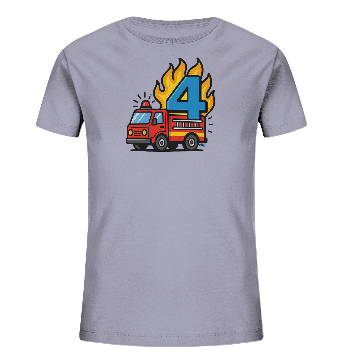 Onlineshop Shirts fuer Kinder - Dieses graue Kinder-T-Shirt zeigt ein auffaelliges Motiv eines Feuerwehrautos. Auf dem Ruecken des Feuerwehrautos ist eine grosse, blaue "4" zu sehen, umgeben von stilisierten gelben und orangefarbenen Flammen. Das Design ist farbenfroh und detailreich, mit Lichtern auf dem Dach und einer Leiter an der Seite des Fahrzeugs. Ein verspieltes Design, das Kinder begeistern duerfte.