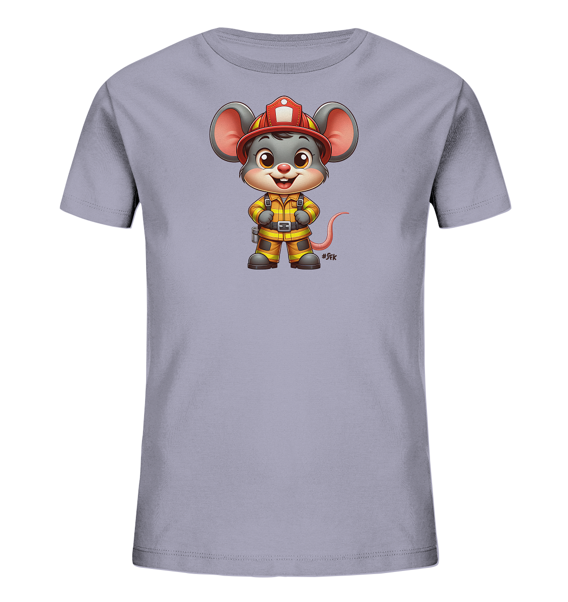 Onlineshop Shirts fuer Kinder - Das T-Shirt zeigt eine laechelnde Cartoon-Maus in gelber Feuerwehruniform mit rotem Helm. Die Maus steht mittig auf dem Shirt. Ein farbenfrohes und verspieltes Motiv fuer Kinder.