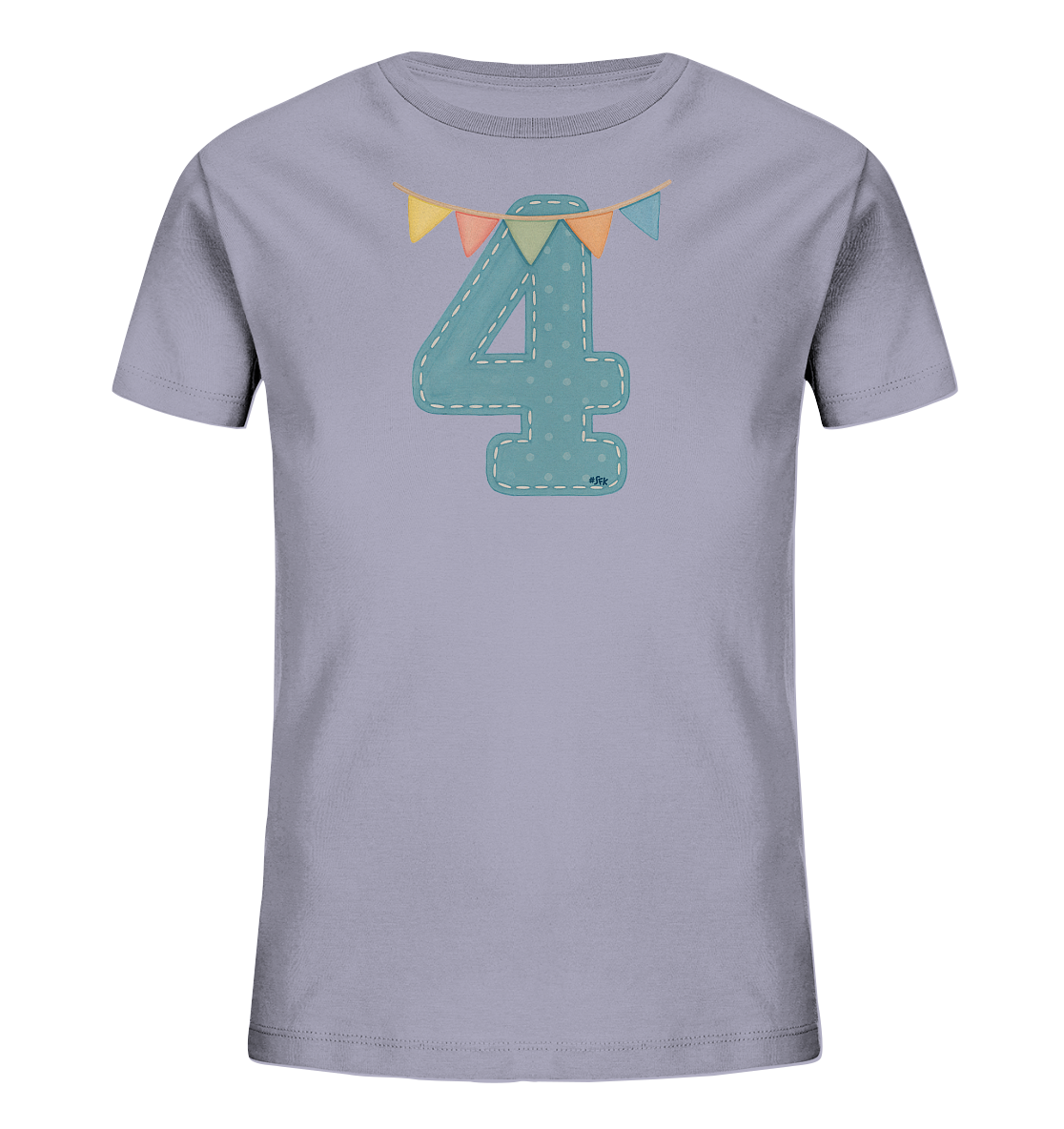 Onlineshop Shirts fuer Kinder - Das Bild zeigt ein hellgraues T-Shirt fuer Kinder mit der grossen Zahl "4" in der Mitte. Die Zahl ist hellblau mit weissen Punkten gestaltet und hat eine gestrichelte Umrandung. Darueber haengt eine bunte Girlande mit kleinen, dreieckigen Faehnchen in Pastellfarben. Das Design wirkt froehlich und verspielt.