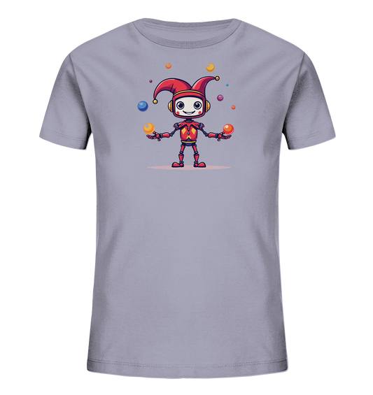 Onlineshop Shirts für Kinder - Das Bild zeigt ein hellgraues Kinder T-Shirt mit einem farbigen Aufdruck auf der Vorderseite. Der Aufdruck zeigt einen Cartoon-Roboter, der als Hofnarr verkleidet ist. Der Roboter trägt eine rote Narrenkappe mit gelben Glocken und jongliert mit mehreren bunten Kugeln in verschiedenen Farben wie Blau, Gelb, Orange und Pink. Das Design ist fröhlich und verspielt und zeigt den lächelnden Roboter in einer dynamischen Pose, umgeben von den fliegenden Bällen.