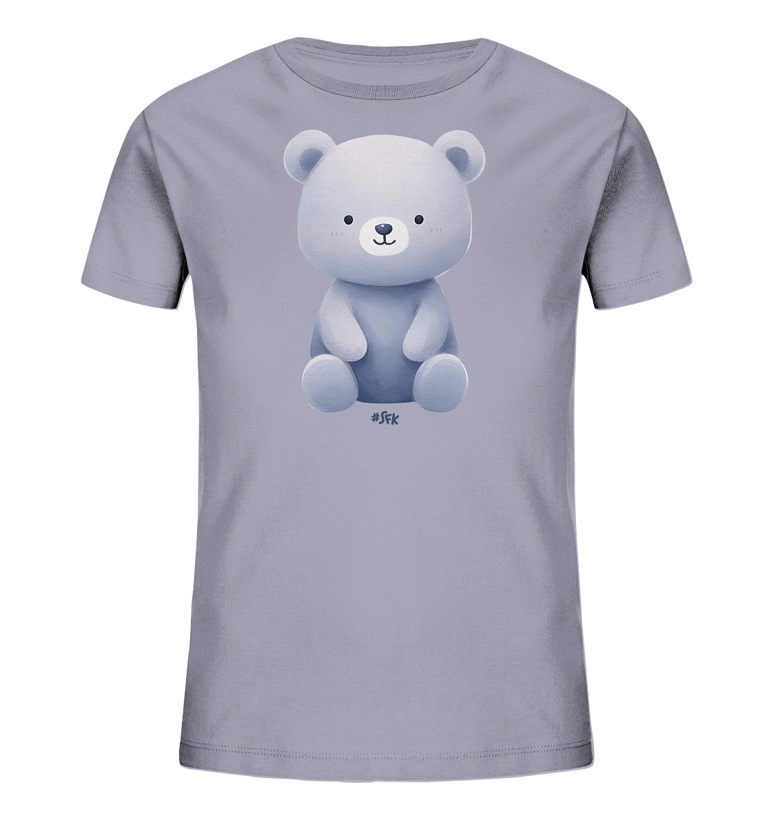 Onlineshop Shirts fuer Kinder - Dieses Bild zeigt ein hellgraues T-Shirt fuer Kinder. Auf der Vorderseite ist eine niedliche Illustration eines hellblauen Baeren zu sehen. Der Baer sitzt aufrecht, hat runde Ohren, eine kleine Nase und suesse Wangen. Das kindgerechte Design wirkt freundlich und verspielt.