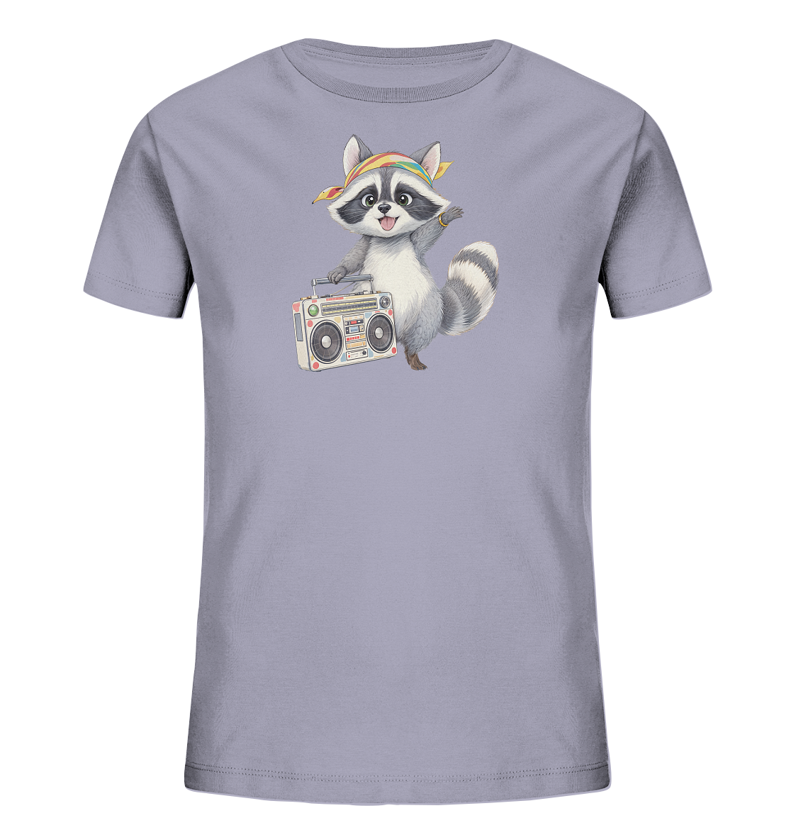 Onlineshop Shirts fuer Kinder - Das Bild zeigt ein hellviolettes Kinder-T-Shirt mit einem niedlichen Waschbaer-Motiv auf der Vorderseite. Der Waschbaer traegt ein farbenfrohes Kopftuch, haelt einen Ghettoblaster und winkt froehlich. Das Design ist verspielt und farbenfroh, wodurch das T-Shirt ansprechend fuer Kinder wirkt.