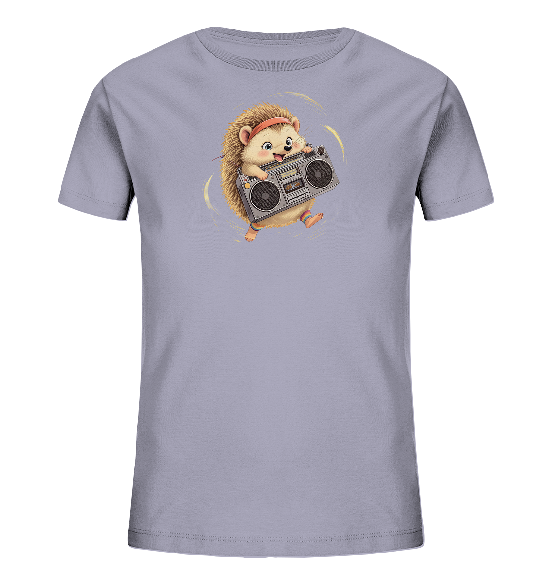 Onlineshop Shirts fuer Kinder - Das Bild zeigt ein hellgraues Kinder-T-Shirt mit einer farbenfrohen Illustration. Ein Igel mit rotem Stirnband und bunten Armbaendern haelt einen Ghettoblaster. Die Figur wirkt dynamisch und ist von gelben, schwungvollen Linien umgeben, die Bewegung andeuten.
