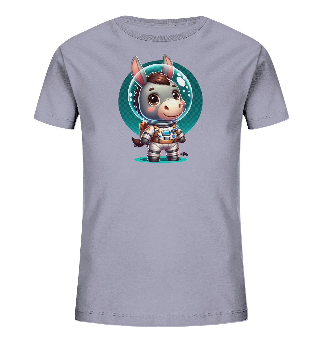 Onlineshop Shirts fuer Kinder - Das Bild zeigt ein hellviolettes T-Shirt mit einem niedlichen Druck auf der Vorderseite. Darauf ist ein Comic-Esel im Astronautenanzug mit Helm zu sehen. Der Esel steht vor einem runden, tuerkisfarbenen Karomuster-Hintergrund. Das Motiv wirkt verspielt und freundlich.
