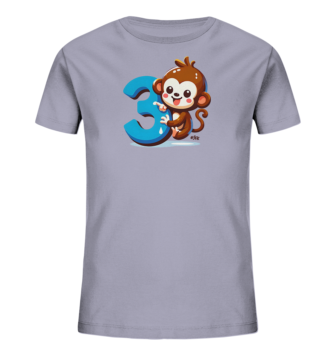 Onlineshop Shirts fuer Kinder - Das Bild zeigt ein hellgraues T-Shirt fuer Kinder mit einem verspielten Motiv. Darauf ist ein brauner Cartoon-Affe abgebildet, der froehlich laechelt und auf die grosse, blaue Zahl '3' neben sich zeigt. Das Design ist farbenfroh und kindgerecht gestaltet, ideal fuer kleine Entdecker.