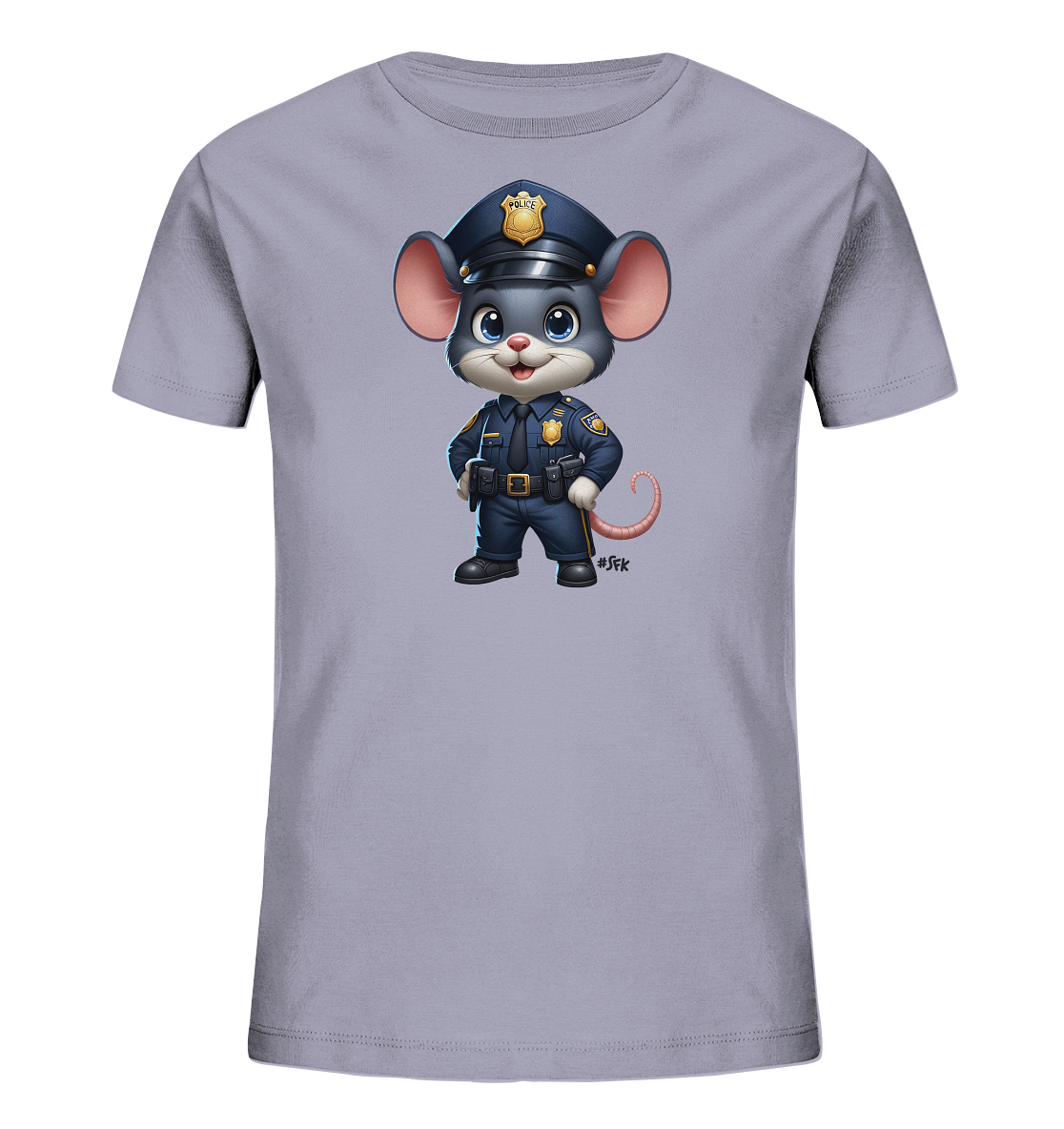 Onlineshop Shirts für Kinder - Dieses Bild zeigt ein Kinder-T-Shirt in einem sanften Lilaton. Auf der Vorderseite ist eine detaillierte Illustration einer anthropomorphen Maus zu sehen. Die Maus ist vollständig in eine dunkelblaue Polizeiuniform mit Hut, Abzeichen und Ausrüstung gekleidet. Die Figur steht selbstbewusst mit den Händen in die Seiten gestemmt und blickt geradeaus.