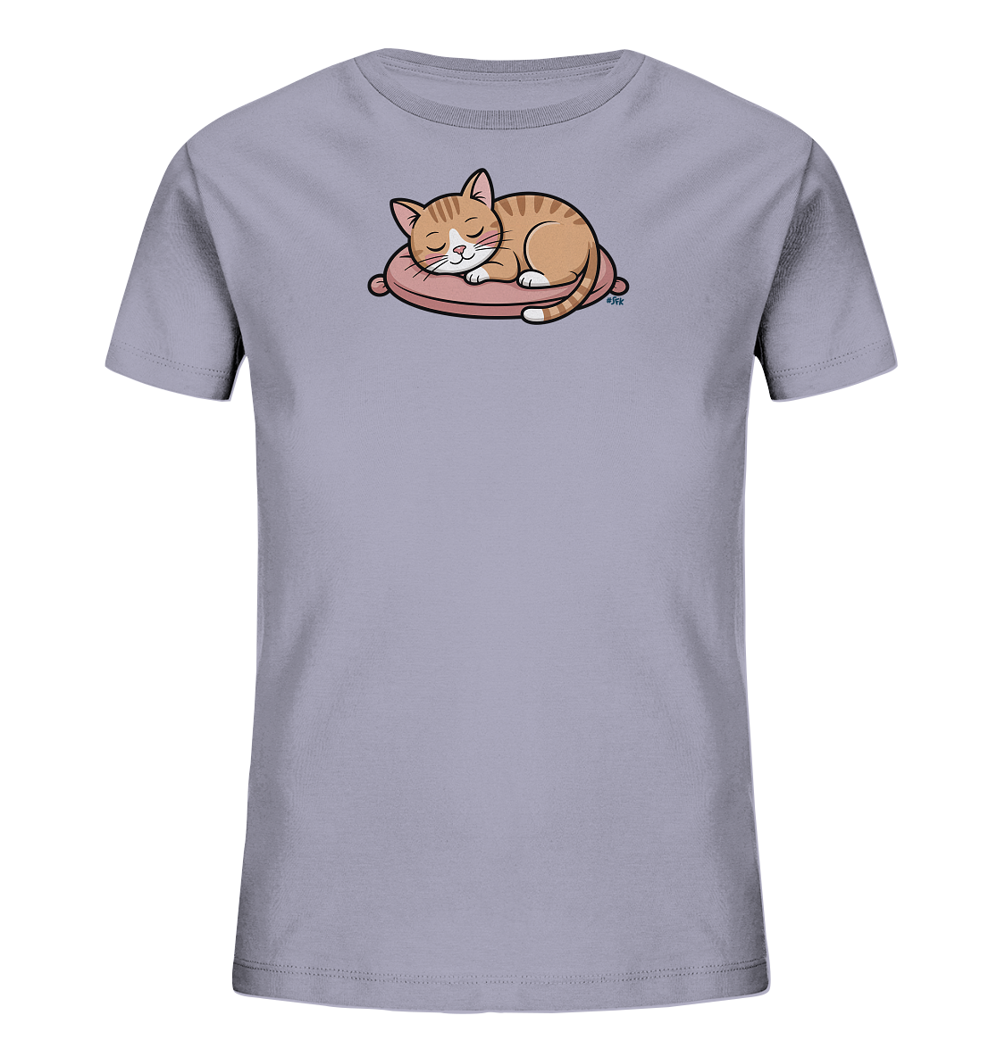 Onlineshop Shirts fuer Kinder - Das Bild zeigt ein hellgraues Kinder-T-Shirt. Darauf ist eine niedliche, schlafende, orange gestreifte Katze abgebildet. Die Katze liegt friedlich auf einem weichen, rosafarbenen Kissen. Das charmante Motiv verleiht dem Shirt eine sanfte und beruhigende Ausstrahlung.