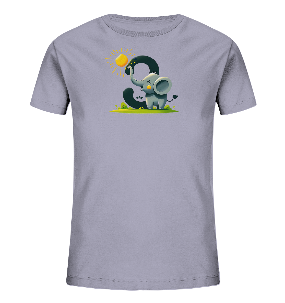 Onlineshop Shirts fuer Kinder - Das Bild zeigt ein hellgraues T-Shirt fuer Kinder mit einem froehlichen Motiv. Eine niedliche, cartoonhafte Elefantengrafik ist neben einer grossen Zahl '3' platziert. Der Elefant greift mit seinem Ruessel nach einer stilisierten Sonne, die ueber der Zahl scheint. Das Design ist verspielt und farbenfroh, ideal fuer kleine Elefantenliebhaber.
