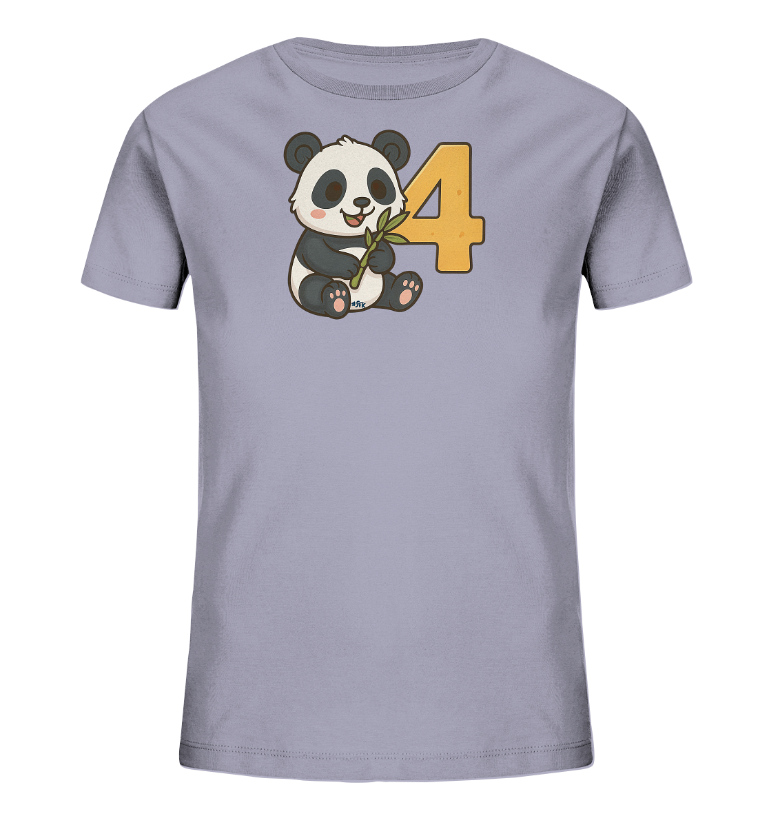 Onlineshop Shirts fuer Kinder - Dieses hellgraue Kinder T-Shirt zeigt einen niedlichen Cartoon-Panda, der ein Bambusblatt haelt. Neben dem Panda steht prominent die grosse Zahl Vier in Orange. Das Design ist verspielt und froehlich.