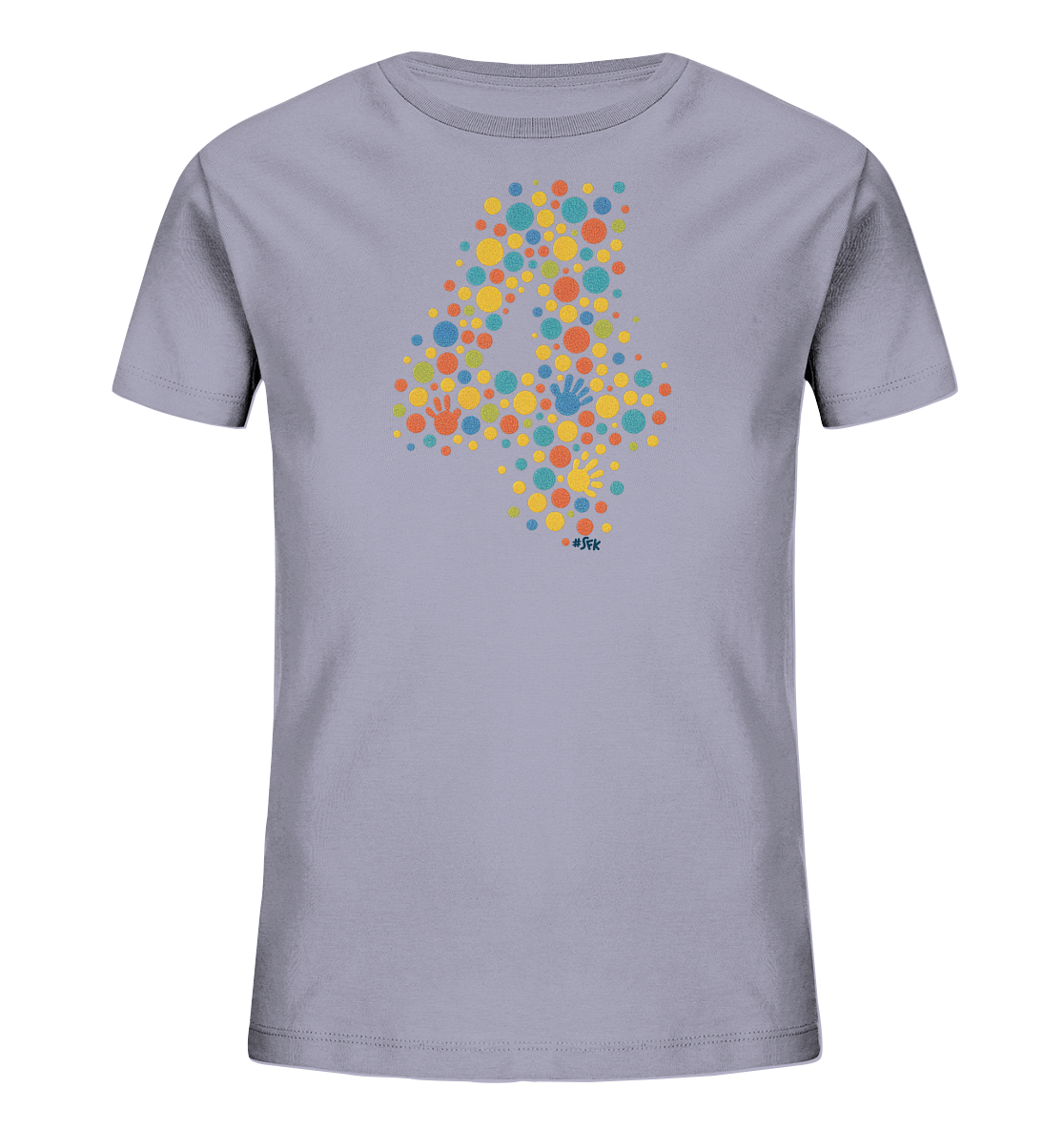 Onlineshop Shirts fuer Kinder - Das Bild zeigt ein hellgraues Kinder-T-Shirt. Auf der Vorderseite ist die Zahl '4' aus vielen bunten Punkten in verschiedenen Farben und Groessen dargestellt. Das Design enthaelt auch kleine Handabdruecke innerhalb der Zahl. Die bunten Punkte und Handabdruecke verleihen dem Shirt ein froehliches und verspieltes Aussehen.