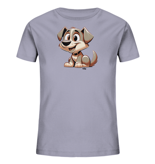 Onlineshop Shirts fuer Kinder - Dieses Bild praesentiert ein Kinder-T-Shirt in hellem Lila. Die Vorderseite ziert eine lustige Cartoon-Illustration eines Hundes. Der Hund sitzt da und laechelt freundlich, mit grossen Augen und Ohren. Das farbenfrohe Motiv ist froehlich und kindgerecht gestaltet.