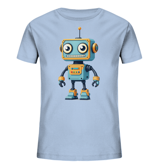 Onlineshop Shirts für Kinder - Das Bild zeigt ein hellblaues T-Shirt für Kinder, präsentiert auf einem schwarzen Hintergrund. Auf der Vorderseite des Shirts ist eine detailreiche Illustration eines freundlichen Roboters zu sehen. Der Roboter ist hauptsächlich blau und orange gestaltet, besitzt große Augen, ein breites Lächeln und eine kleine Antenne auf dem Kopf. Das bunte und verspielte Cartoon-Design verleiht dem Shirt einen ansprechenden und fröhlichen Charakter.