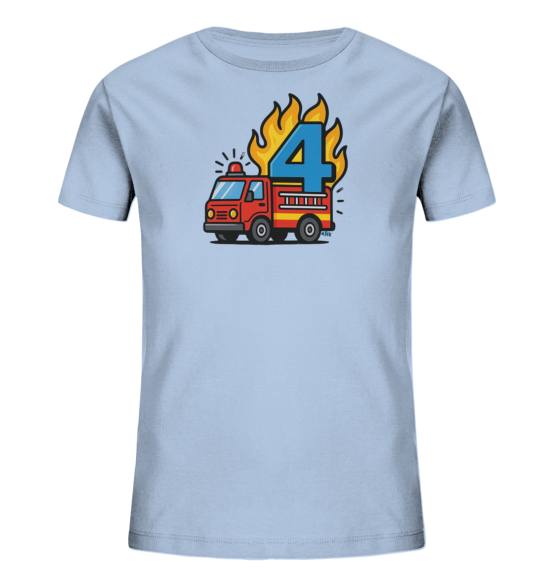 Onlineshop Shirts fuer Kinder - Dieses hellblaue Kinder-T-Shirt zeigt einen farbenfrohen Aufdruck auf der Vorderseite. Das Design zeigt ein niedliches, rotes Feuerwehrauto mit Blaulicht. Hinter dem Fahrzeug ist eine grosse, blaue Zahl 4 platziert. Stilisierte orange und gelbe Flammen umgeben die Zahl, was dem Motiv eine dynamische Wirkung verleiht.