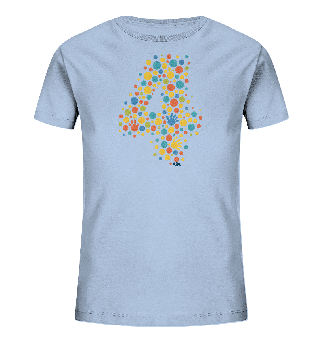 Onlineshop Shirts fuer Kinder - Das Bild zeigt ein hellblaues Kinder-T-Shirt mit einem farbenfrohen Motiv auf der Vorderseite. Das Design formt die Zahl '4' aus zahlreichen kleinen Punkten in Gelb, Orange, Rot, Hellblau und Dunkelblau. Zwischen den Punkten sind vereinzelt kleine Handabdruecke in verschiedenen Farben platziert. Das gesamte Motiv wirkt froehlich und verspielt.