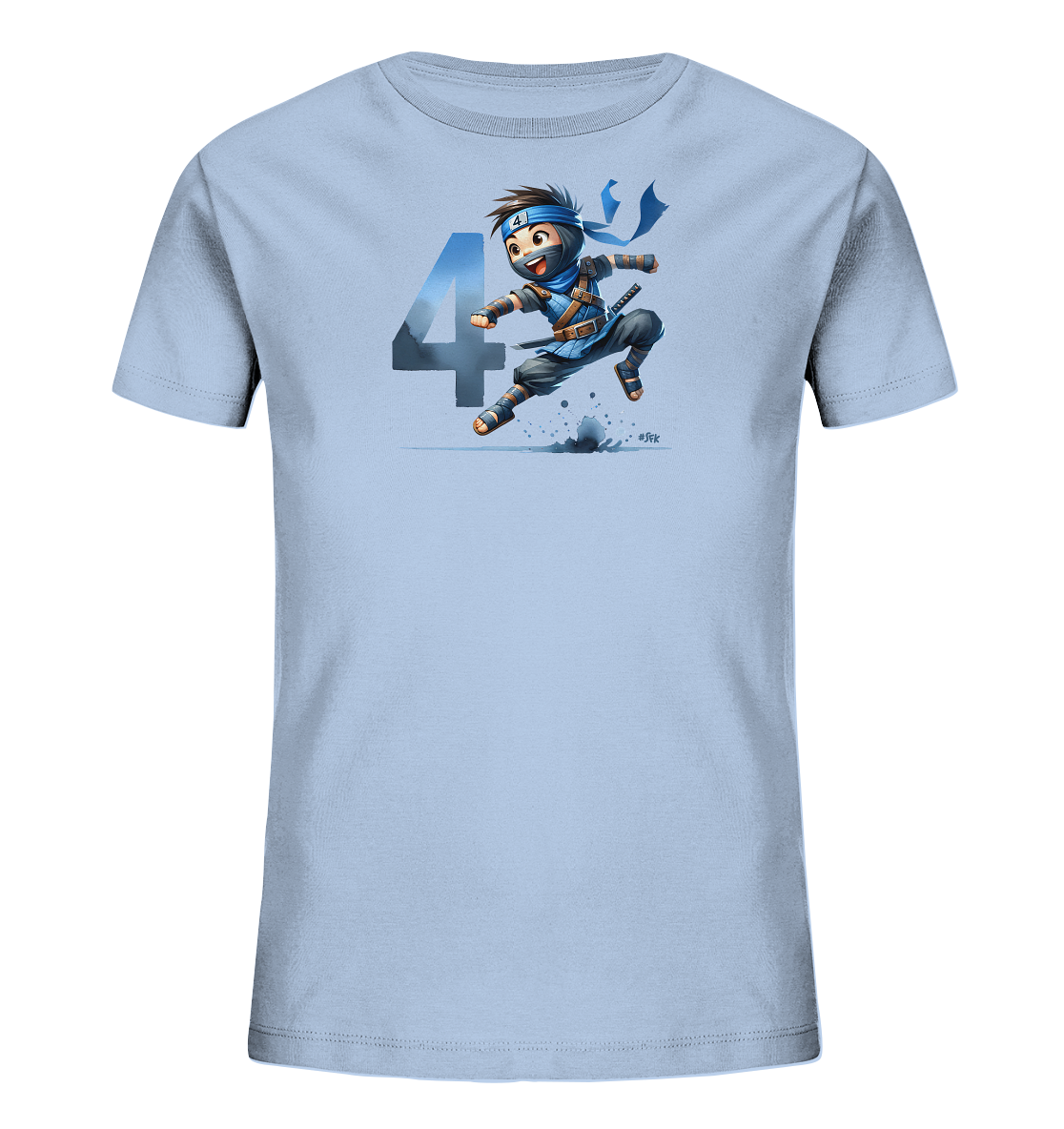Onlineshop Shirts fuer Kinder - Das Bild zeigt ein hellblaues Kinder-T-Shirt. Auf der Vorderseite befindet sich eine Illustration eines springenden Charakters in blauer Ninja-Kleidung. Im Hintergrund ist eine grosse, blau schattierte Zahl '4' dargestellt. Das gesamte Motiv vermittelt einen dynamischen und abenteuerlichen Eindruck.