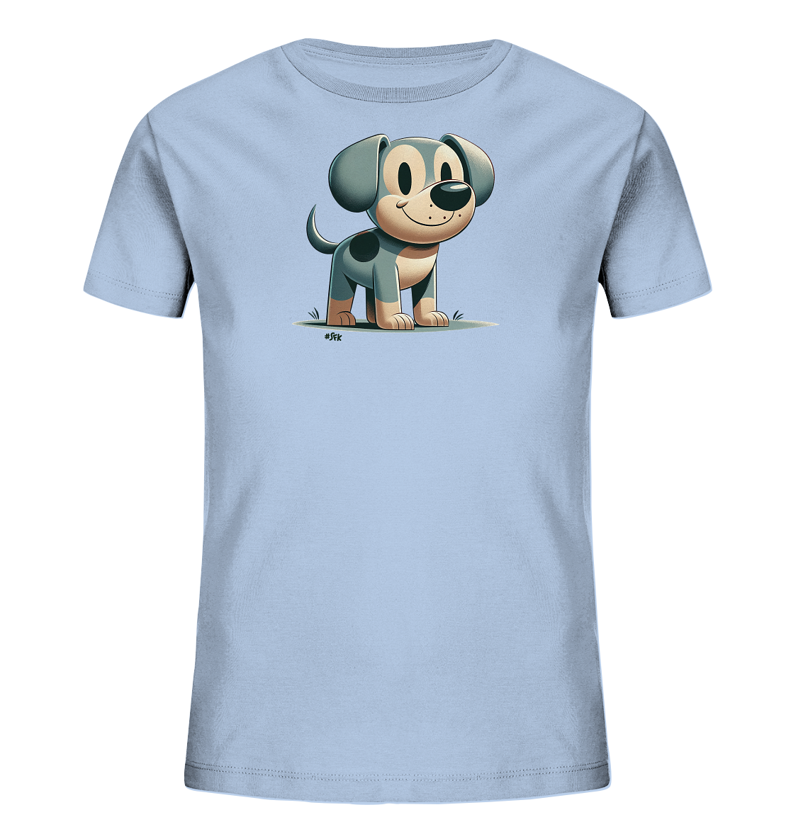 Onlineshop Shirts fuer Kinder - Dieses hellblaue Kinder-T-Shirt zeigt eine freundliche, cartoonhafte Illustration eines kleinen Hundes. Der Hund hat grosse Ohren, ein breites Laecheln und steht auf einer gruenen Wiese. Das Design ist kindgerecht und verspielt gestaltet. Es eignet sich perfekt fuer den Alltag.