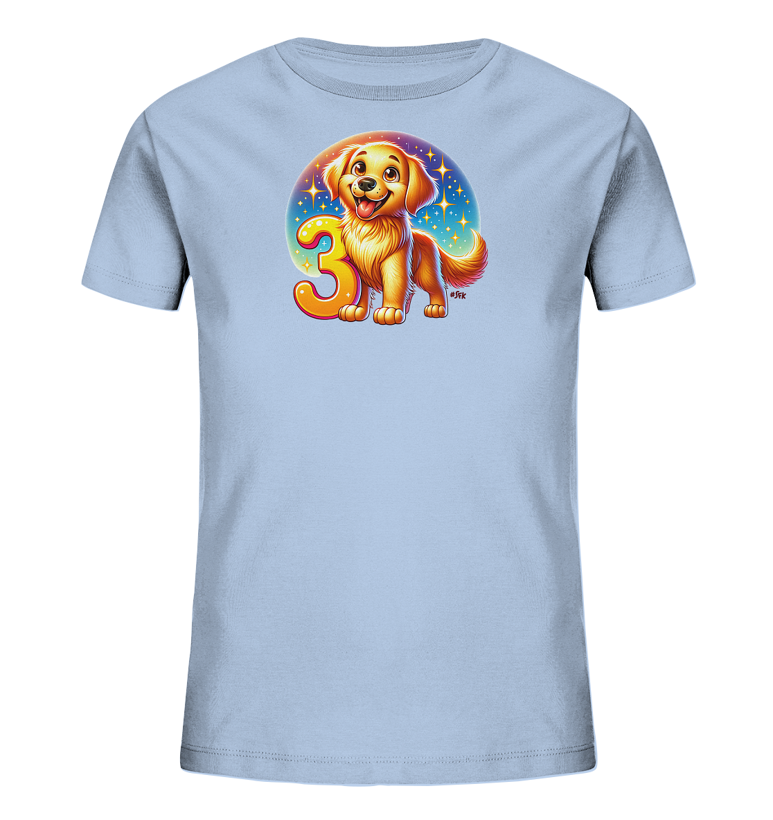 Onlineshop Shirts fuer Kinder - Das Bild zeigt ein hellblaues T-Shirt mit einem froehlichen Aufdruck. Ein niedlicher, cartoonhafter Hundewelpe steht neben einer grossen, orangen Zahl "3". Hinter ihnen befindet sich ein Hintergrund mit Sternen und einem Farbverlauf. Das Design wirkt verspielt und freundlich, ideal fuer Kinder.