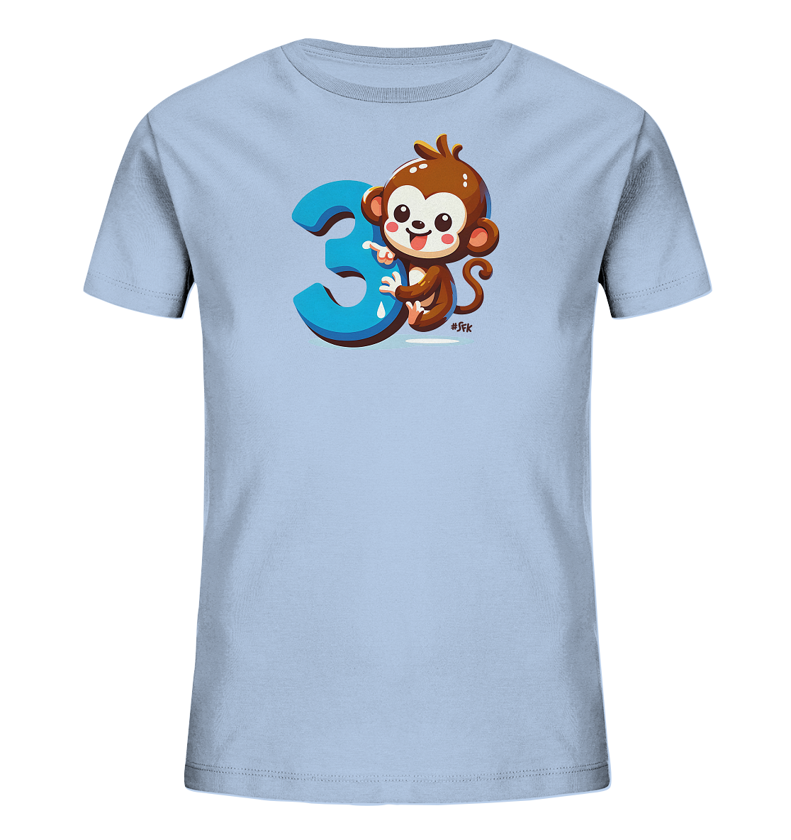 Onlineshop Shirts fuer Kinder - Abgebildet ist ein hellblaues Kinder-T-Shirt mit einem farbenfrohen Print. Das Motiv zeigt einen lachenden Cartoon-Affen, der an eine grosse blaue Zahl '3' gelehnt ist. Der Affe hat grosse Augen und zeigt mit dem Finger auf die Drei. Dieses verspielte Design ist perfekt fuer kleine Entdecker.