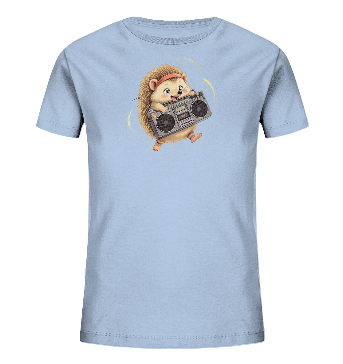 Onlineshop Shirts fuer Kinder - Das Bild zeigt ein hellblaues Kinder-T-Shirt mit einem niedlichen Cartoon-Igel. Der Igel traegt ein rotes Stirnband und bunte Socken, waehrend er einen grauen Kassettenrekorder haelt. Er scheint zu tanzen oder zu springen, umgeben von gelben Bewegungslinien. Das Design wirkt froehlich und verspielt.
