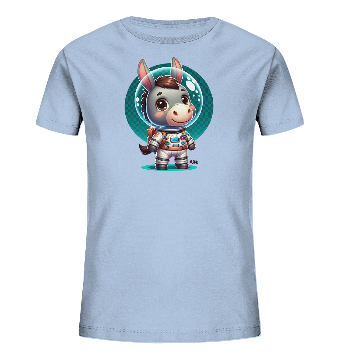 Onlineshop Shirts fuer Kinder - Das Bild zeigt ein hellblaues Kinder-T-Shirt. Auf der Vorderseite ist ein suesser Comic-Esel als Astronaut abgebildet. Der Esel traegt einen Raumanzug mit Helm und steht vor einem runden, karierten Hintergrund. Das farbenfrohe Motiv verleiht dem Shirt einen verspielten Charakter.
