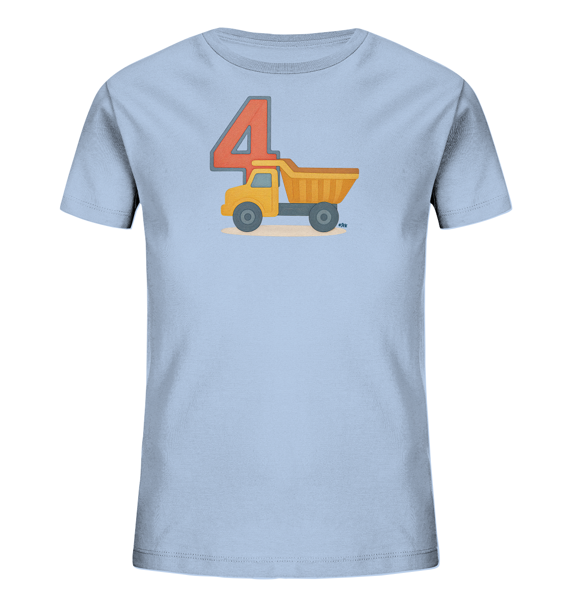 Onlineshop Shirts fuer Kinder - Das Bild zeigt ein hellblaues Kinder-T-Shirt mit einem auffaelligen Motiv auf der Vorderseite. Zentral platziert ist die grosse Zahl '4' in Orange-Rot mit grauem Rand. Darunter befindet sich die Illustration eines gelben Kipplasters auf beigefarbenem Grund. Das Design ist klar und farbenfroh, ideal fuer junge Baustellen-Fans.