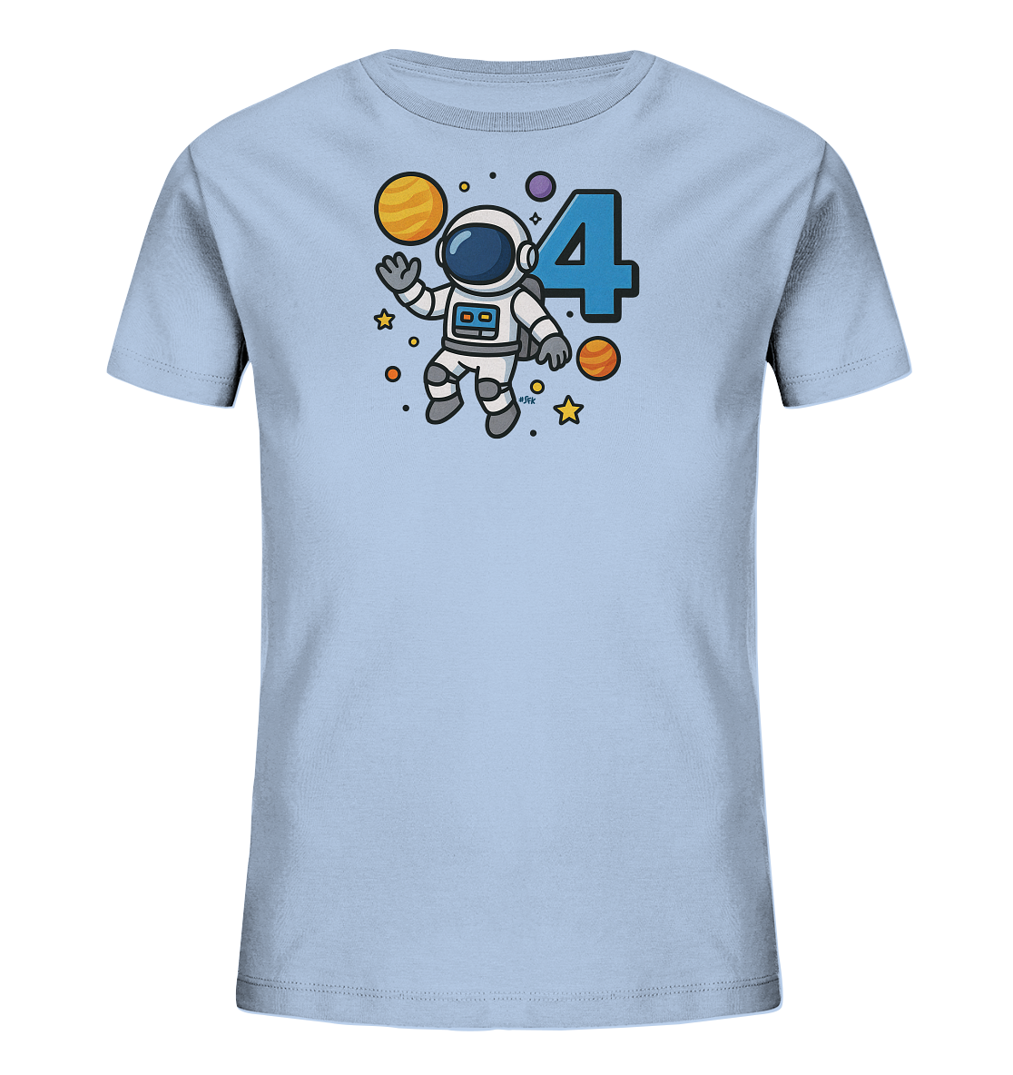 Onlineshop Shirts fuer Kinder - Das Bild zeigt ein hellblaues Kinder-T-Shirt. Darauf ist ein niedlicher Astronaut in einem Raumanzug abgebildet, der im Weltraum schwebt. Neben dem Astronauten ist die grosse blaue Zahl '4' zu sehen. Das Motiv ist von Planeten, Sternen und Punkten umgeben.