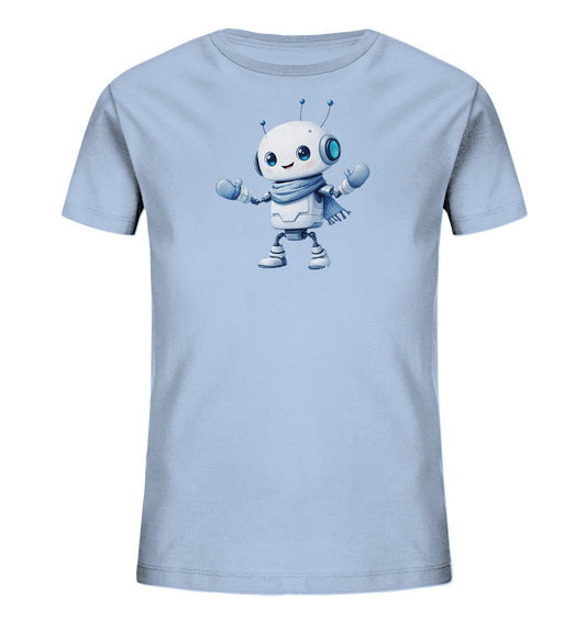 Onlineshop Shirts für Kinder - Das Bild zeigt ein hellblaues Kinder-T-Shirt mit einem detailreichen, freundlichen Roboter-Motiv auf der Vorderseite. Der cartoonartige Roboter hat einen weißen Körper, blaue Augen mit großen Pupillen, Antennen auf dem Kopf sowie blaue Handschuhe und Stiefel. Er trägt zudem einen hellblauen Schal um den Hals und wirkt mit seinem Lächeln sehr zugänglich. Dieses Design ist verspielt und modern, ideal für kleine Technik- und Roboterfans.
