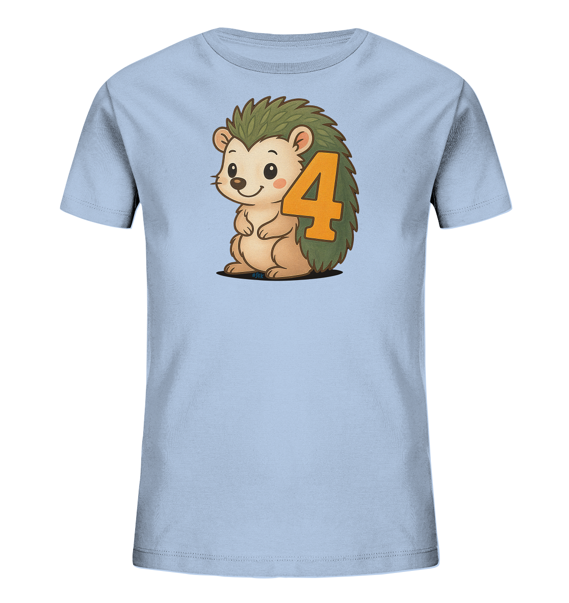 Onlineshop Shirts fuer Kinder - Dieses Bild zeigt ein hellblaues T-Shirt fuer Kinder mit einer niedlichen Cartoon-Illustration eines Igels. Der Igel hat gruene Stacheln und ein freundliches Laecheln, er sitzt aufrecht dargestellt. Im Bereich seiner Stacheln ist die orangefarbene Zahl '4' zu sehen. Das Design wirkt froehlich und kindgerecht, ideal fuer den Alltag.