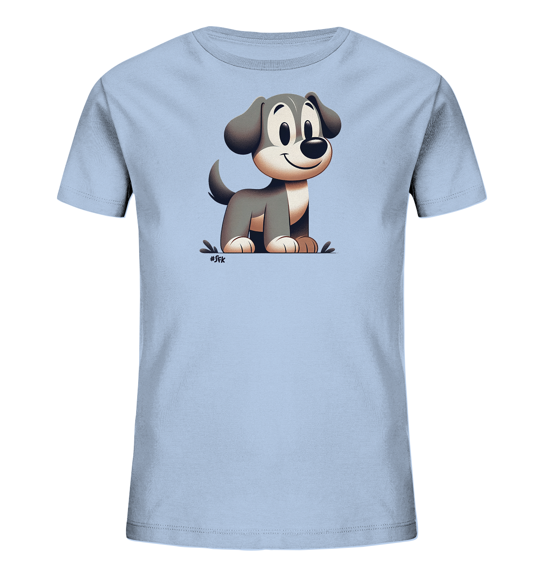 Onlineshop Shirts fuer Kinder - Das Bild zeigt ein hellblaues Kinder-T-Shirt mit einem charmanten Cartoon-Hund auf der Vorderseite. Der Hund hat graues Fell mit helleren Akzenten und sitzt aufrecht mit grossen, freundlichen Augen und einem Laecheln. Die Illustration ist schlicht und liebevoll gestaltet, was dem Shirt einen froehlichen Look verleiht.