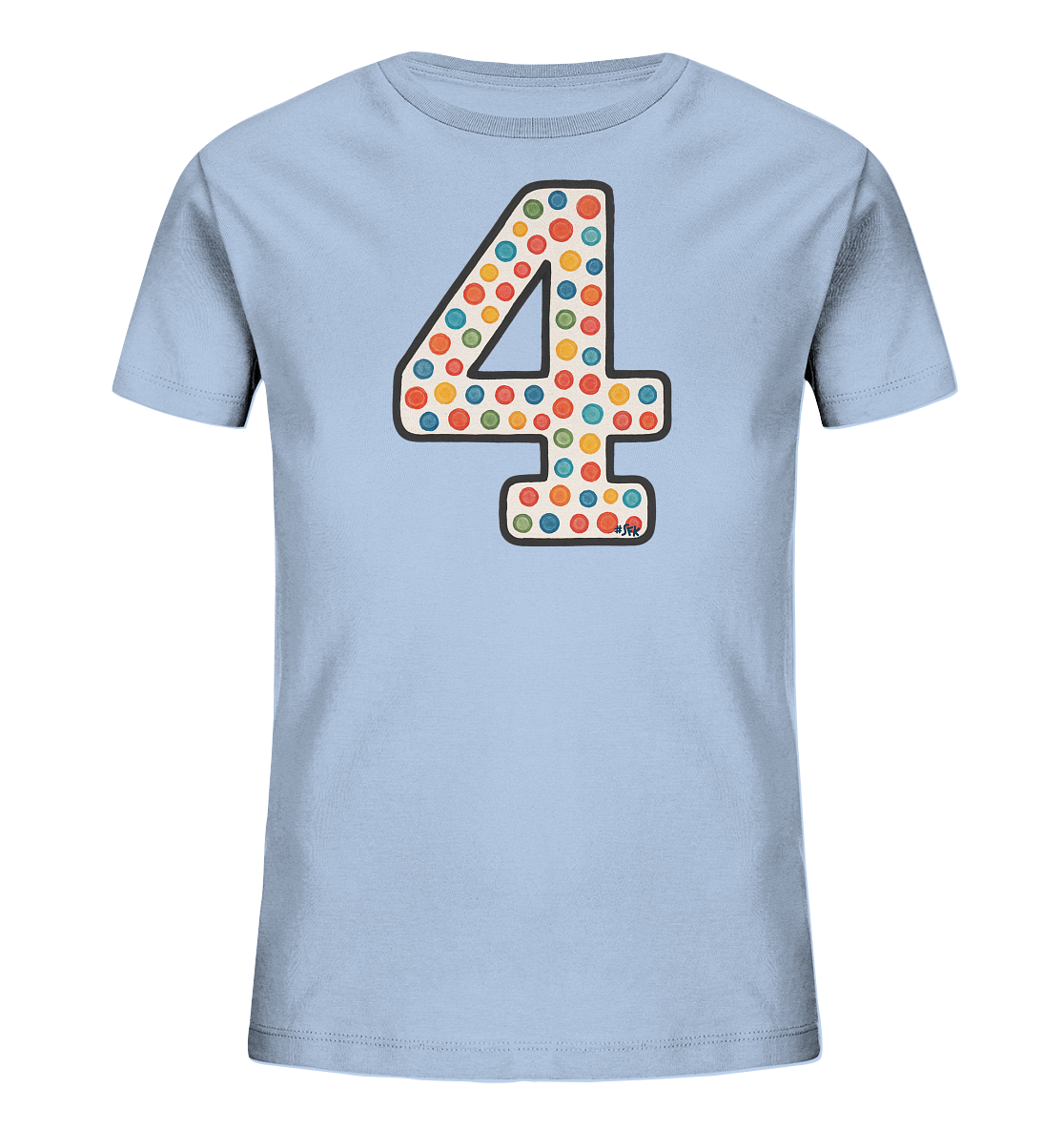 Onlineshop Shirts fuer Kinder - Das Bild zeigt ein hellblaues Kinder-T-Shirt. Auf der Vorderseite ist eine grosse Zahl '4' abgebildet. Die Zahl ist mit einem schwarzen Rand versehen und innen mit bunten Punkten in verschiedenen Farben gefuellt. Dieses Design wirkt froehlich und farbenfroh.