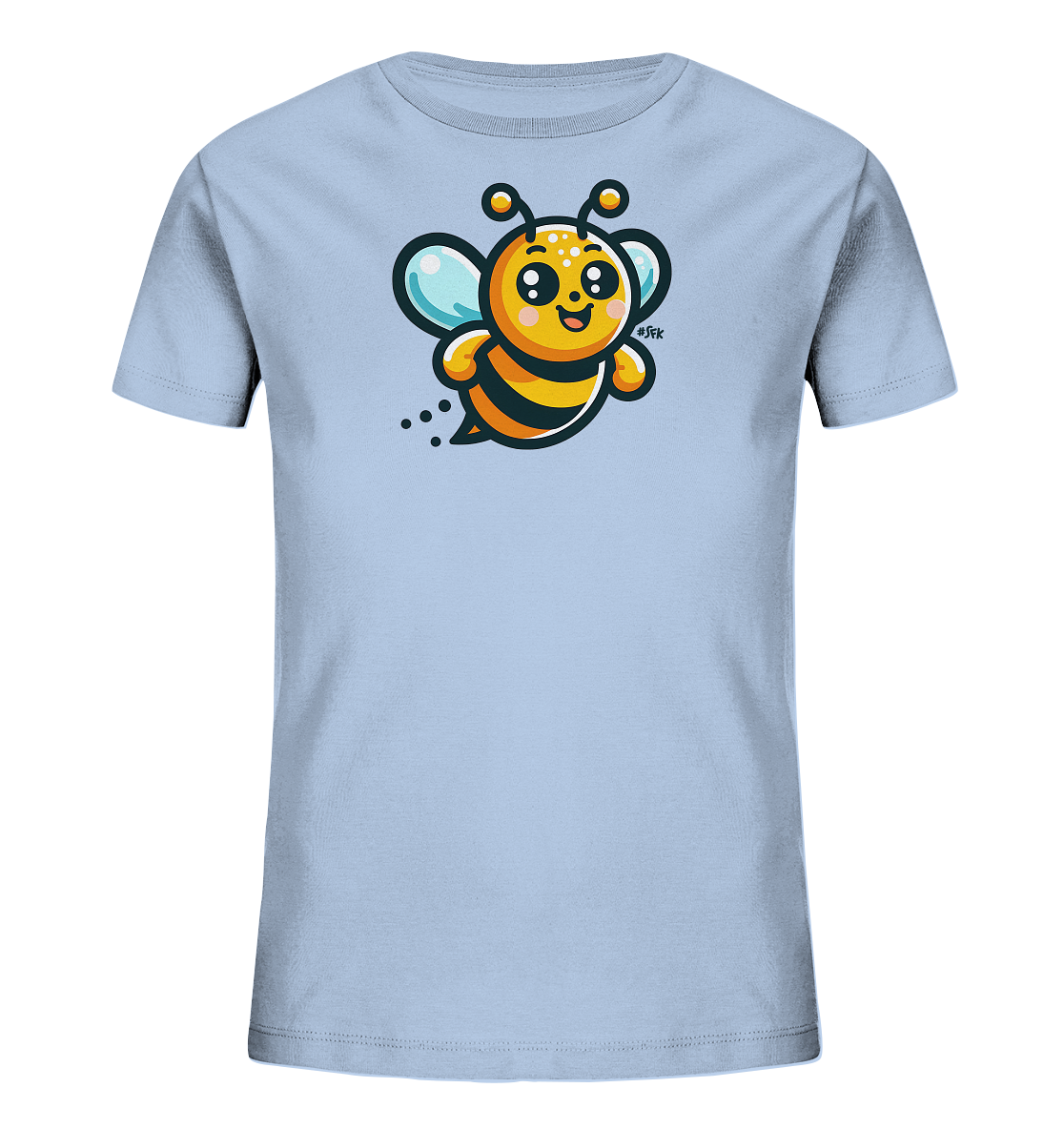 Onlineshop Shirts fuer Kinder - Das Bild zeigt ein hellblaues Kinder-T-Shirt mit einer grossen, farbenfrohen Grafik einer fliegenden Biene. Die niedliche Biene hat ein froehliches Gesicht, grosse Augen, gestreifte Koerper und zarte Fluegel. Kleine Punkte hinter der Biene deuten auf Bewegung hin. Dieses freundliche Design ist ein Blickfang auf dem Shirt.