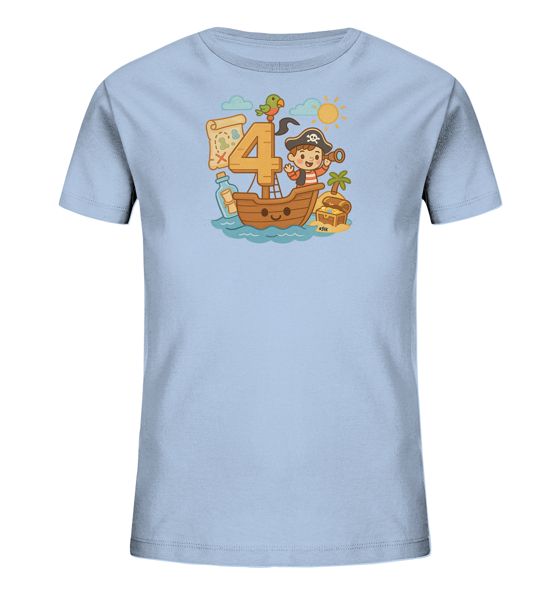 Onlineshop Shirts fuer Kinder - Dieses hellblaue Kinder-T-Shirt zeigt eine froehliche Illustration im Piratenthema. Im Zentrum steht eine grosse Zahl '4', umgeben von einem kleinen Piratenkind auf einem Boot, einem Schatz und einer Karte. Ein bunter Papagei sitzt auf der Zahl, waehrend Sonne und Wolken den Hintergrund bilden. Das verspielte Design weckt Abenteuerlust.