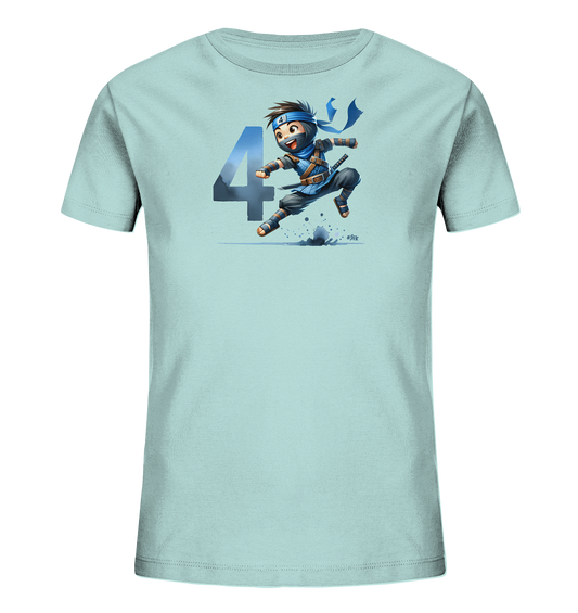 Kinder-T-Shirt mit springendem Ninja und Zahl 4