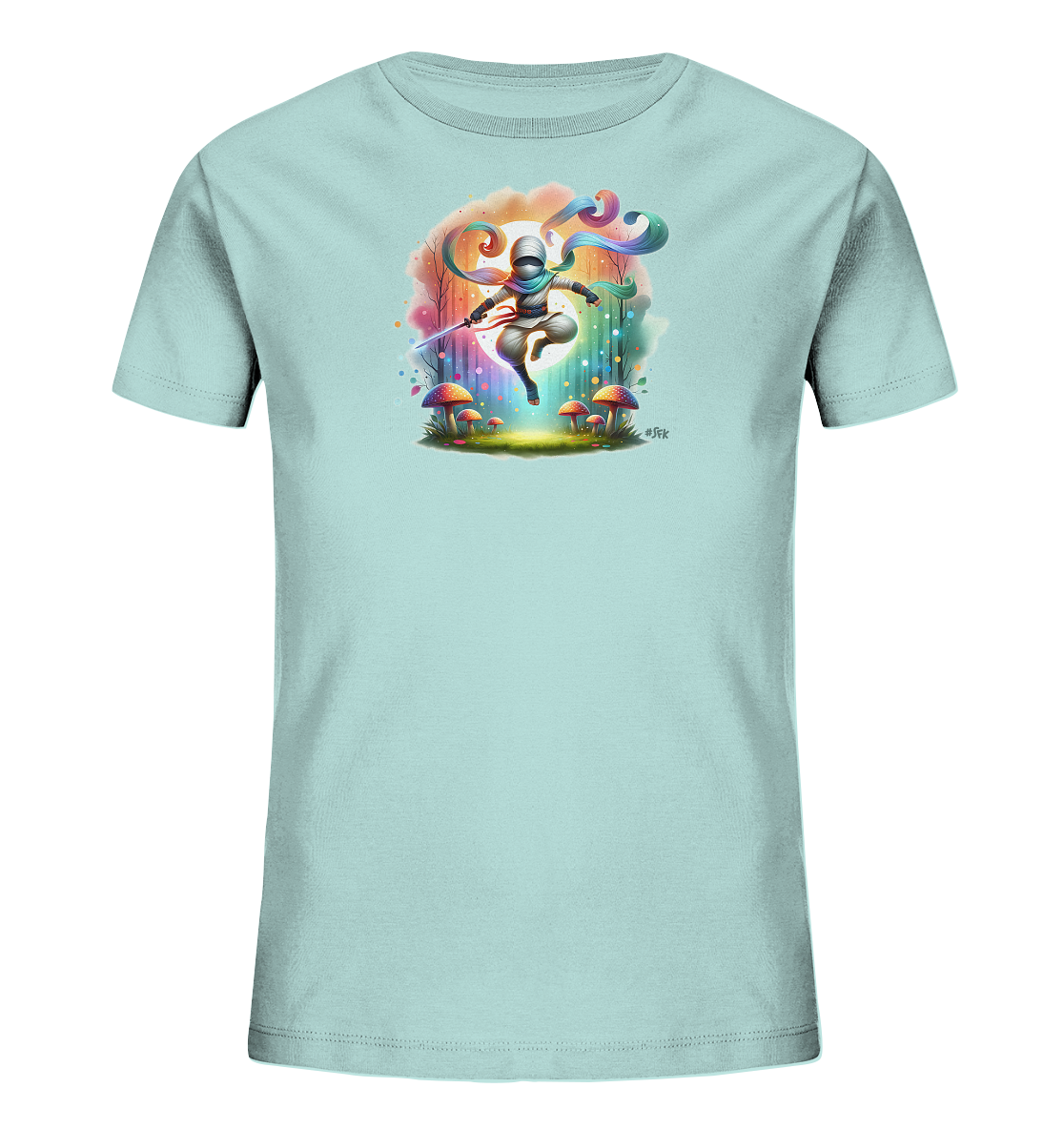 Onlineshop Shirts fuer Kinder - Das Bild zeigt ein hellblaues Kinder-T-Shirt mit einem farbenfrohen Aufdruck auf der Vorderseite. Das Motiv stellt eine springende Figur mit einem Schwert vor einem leuchtenden Hintergrund mit Regenbogenfarben dar. Bunte Pilze und Baeume ergaenzen die Fantasielandschaft im Vordergrund. Das Design wirkt dynamisch und detailreich.